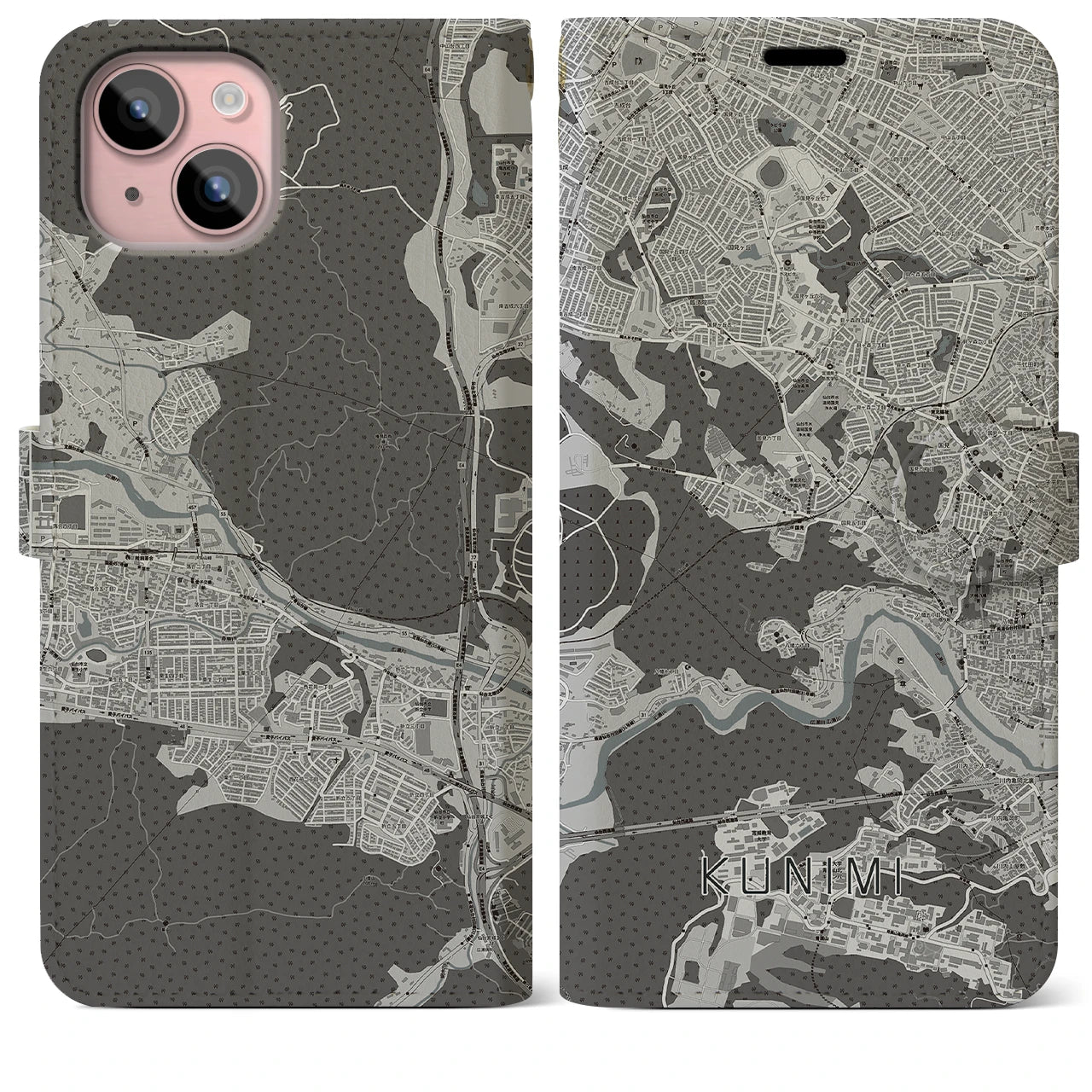 【国見(宮城県)】地図柄iPhoneケース(手帳タイプ)モノトーン・iPhone 15 Plus 用