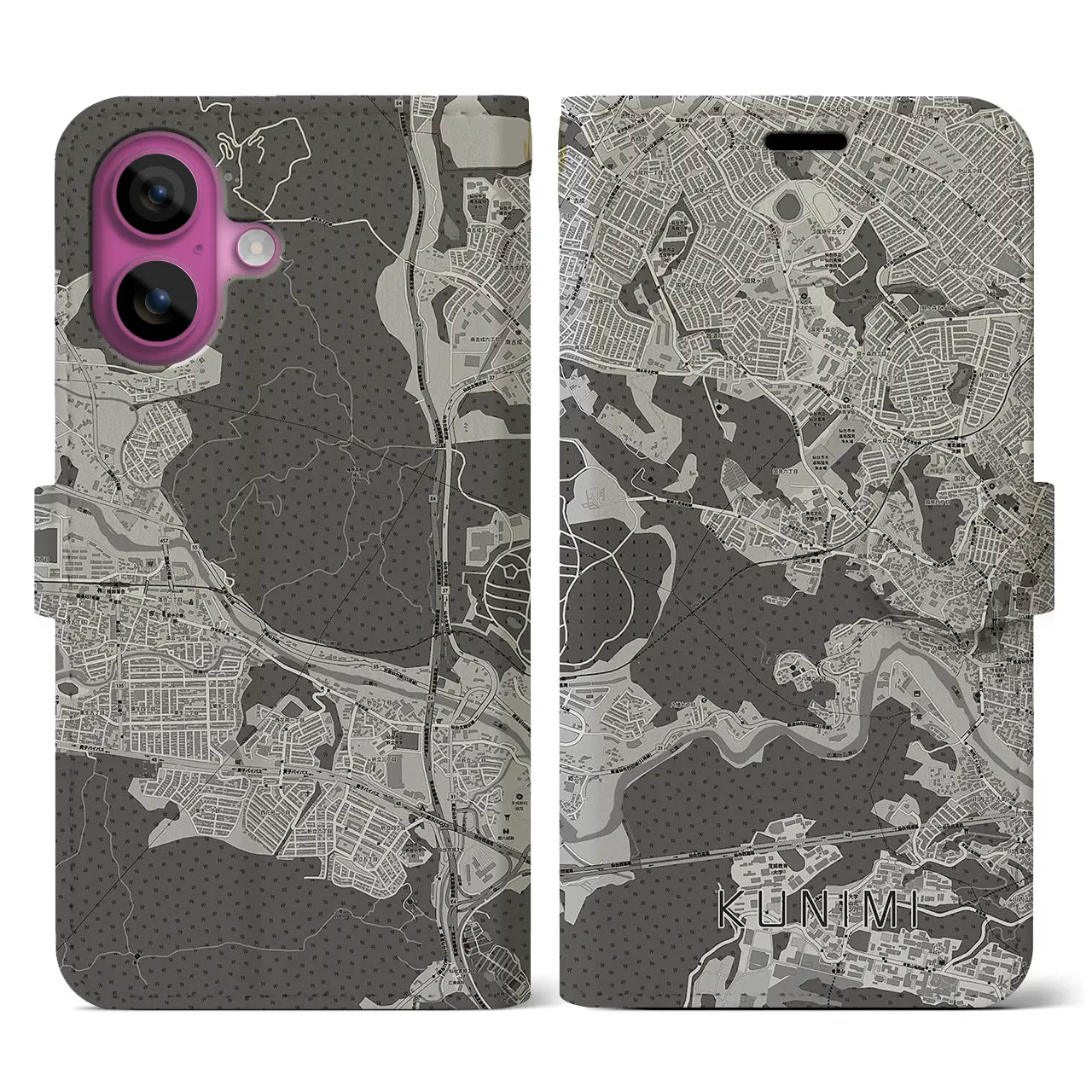 【国見(宮城県)】地図柄iPhoneケース(手帳タイプ)モノトーン・iPhone 16 Pro 用