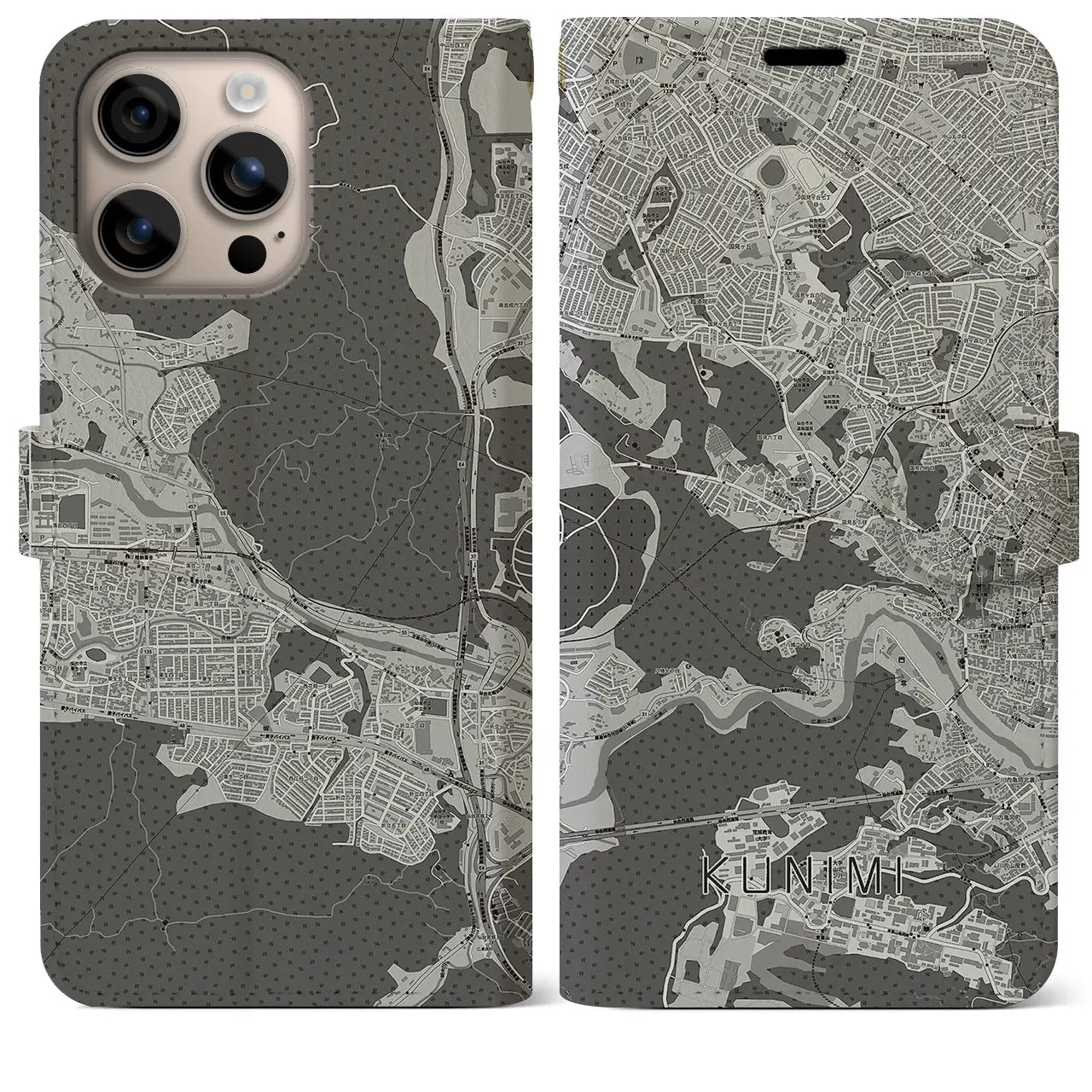【国見(宮城県)】地図柄iPhoneケース(手帳タイプ)モノトーン・iPhone 16 Plus 用