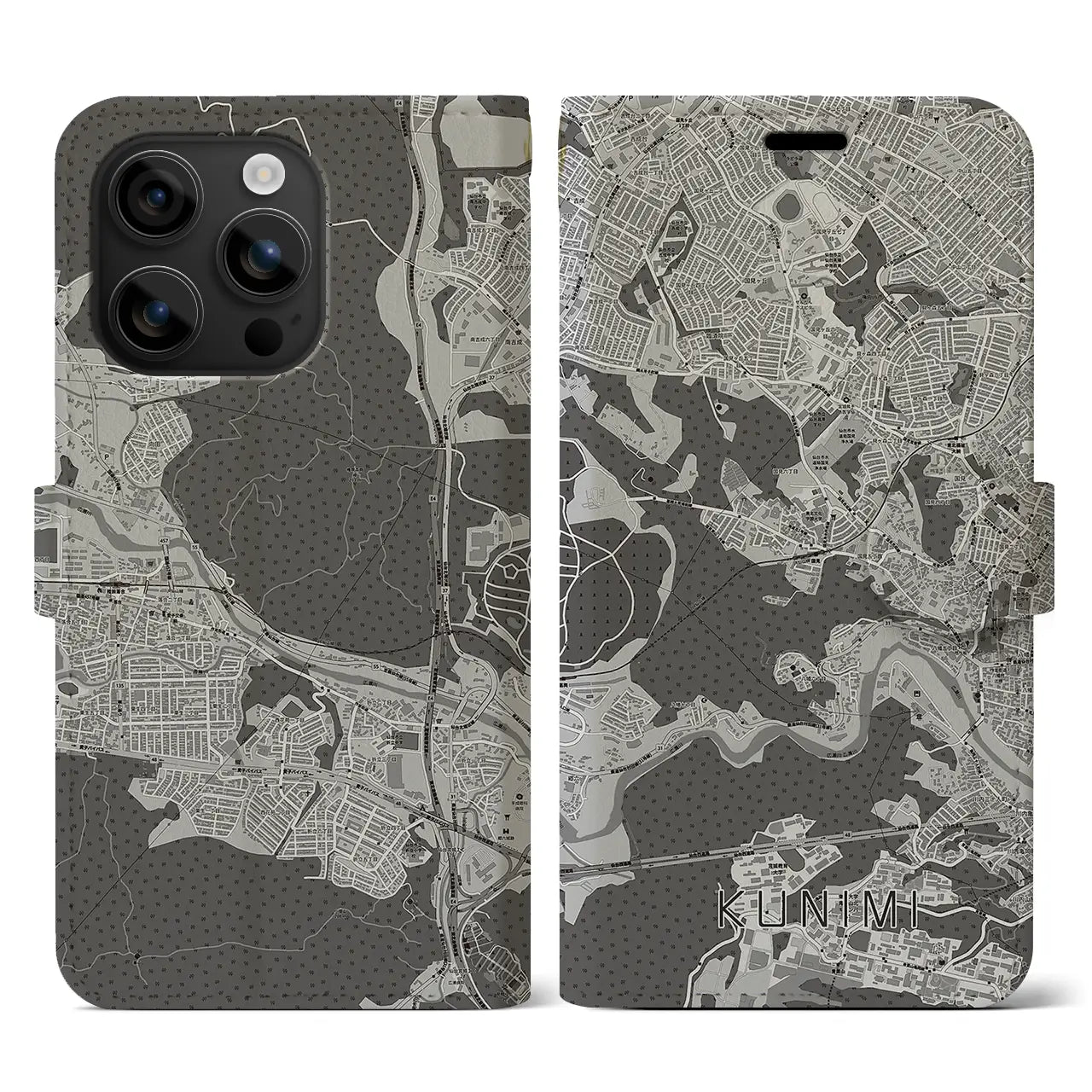 【国見(宮城県)】地図柄iPhoneケース(手帳タイプ)モノトーン・iPhone 16 用