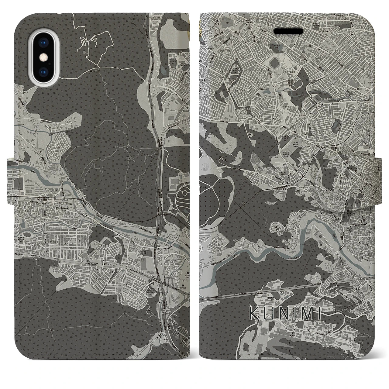 【国見(宮城県)】地図柄iPhoneケース(手帳タイプ)モノトーン・iPhone XS Max 用