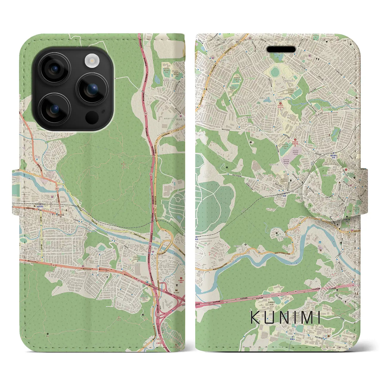 【国見(宮城県)】地図柄iPhoneケース(手帳タイプ)ナチュラル・iPhone 16 用