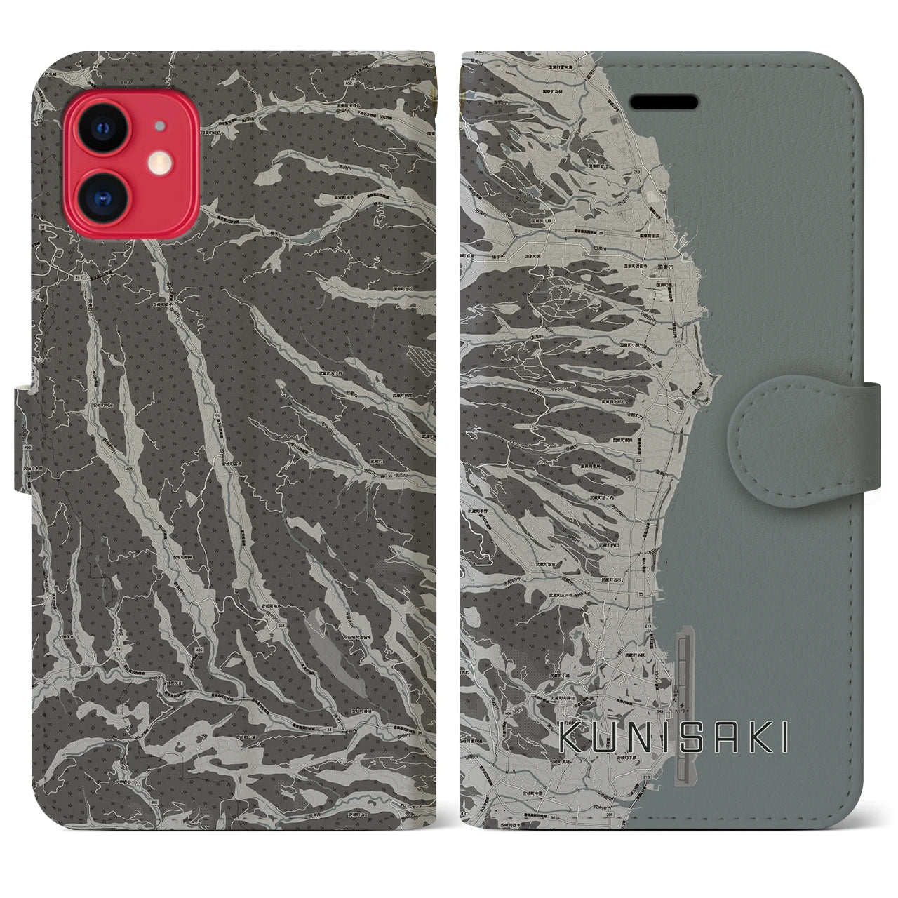 【国東(大分県)】地図柄iPhoneケース(手帳タイプ)モノトーン・iPhone 11 用