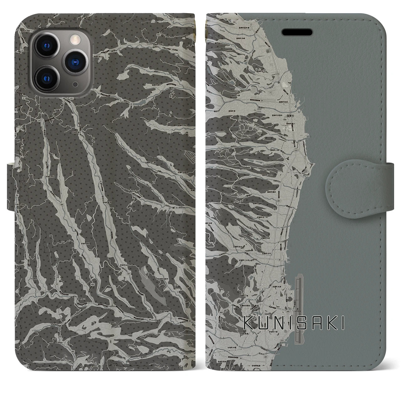 【国東(大分県)】地図柄iPhoneケース(手帳タイプ)モノトーン・iPhone 11 Pro Max 用