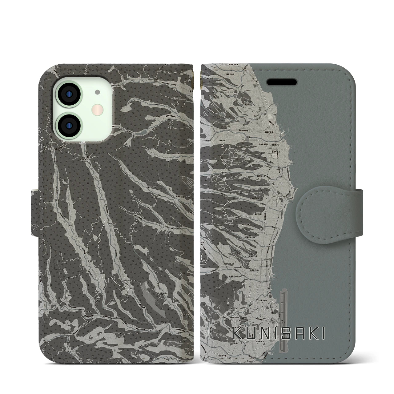 【国東(大分県)】地図柄iPhoneケース(手帳タイプ)モノトーン・iPhone 12 mini 用