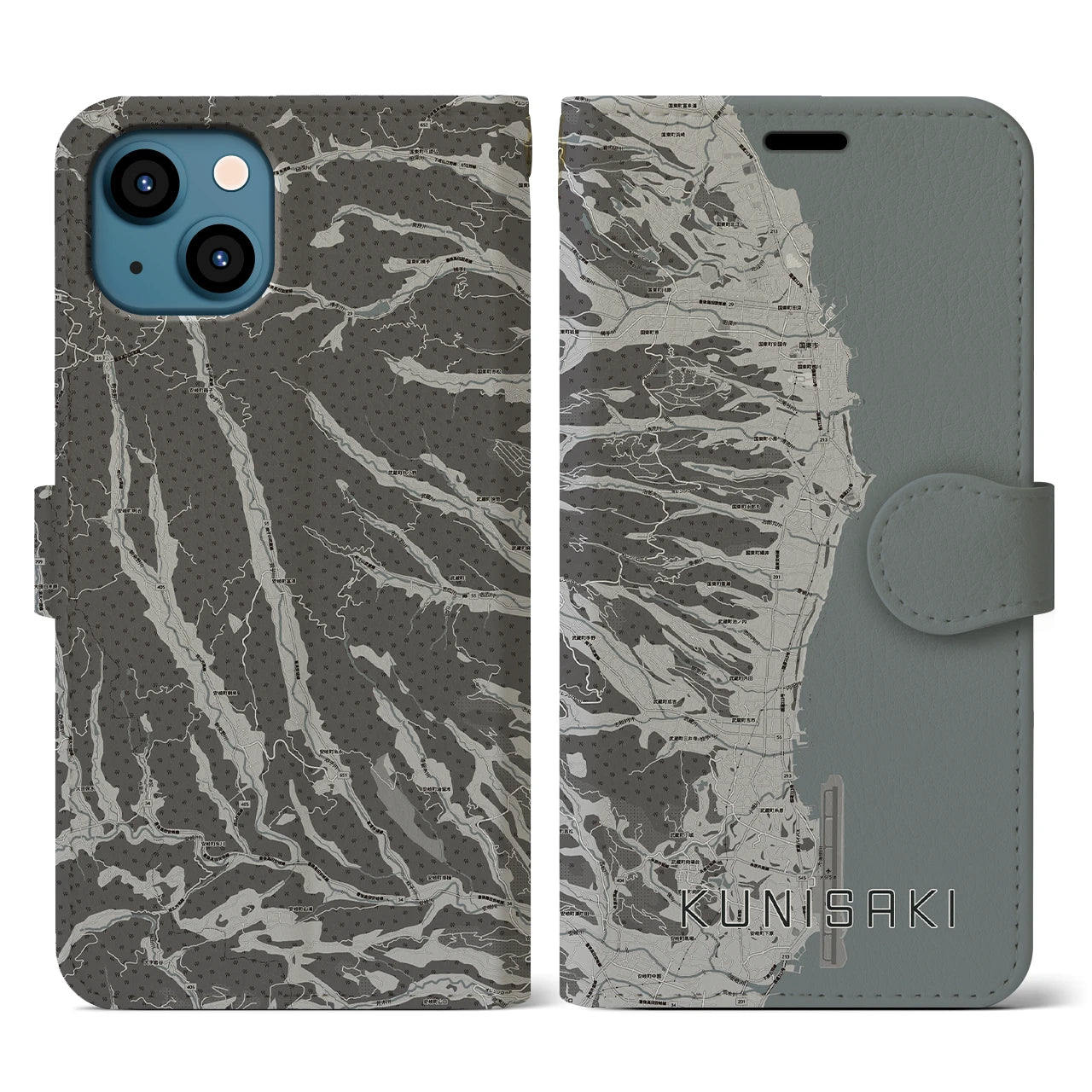 【国東(大分県)】地図柄iPhoneケース(手帳タイプ)モノトーン・iPhone 13 用