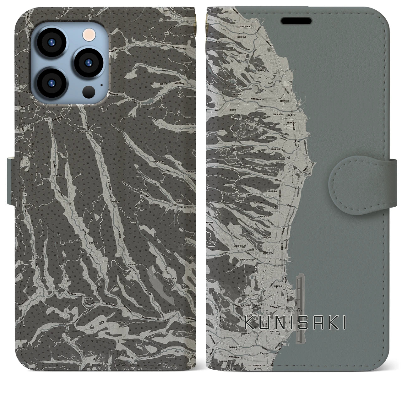 【国東(大分県)】地図柄iPhoneケース(手帳タイプ)モノトーン・iPhone 13 Pro Max 用