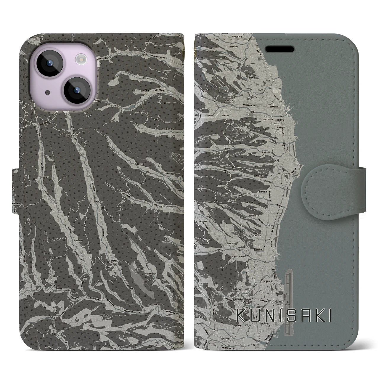 【国東(大分県)】地図柄iPhoneケース(手帳タイプ)モノトーン・iPhone 14 用