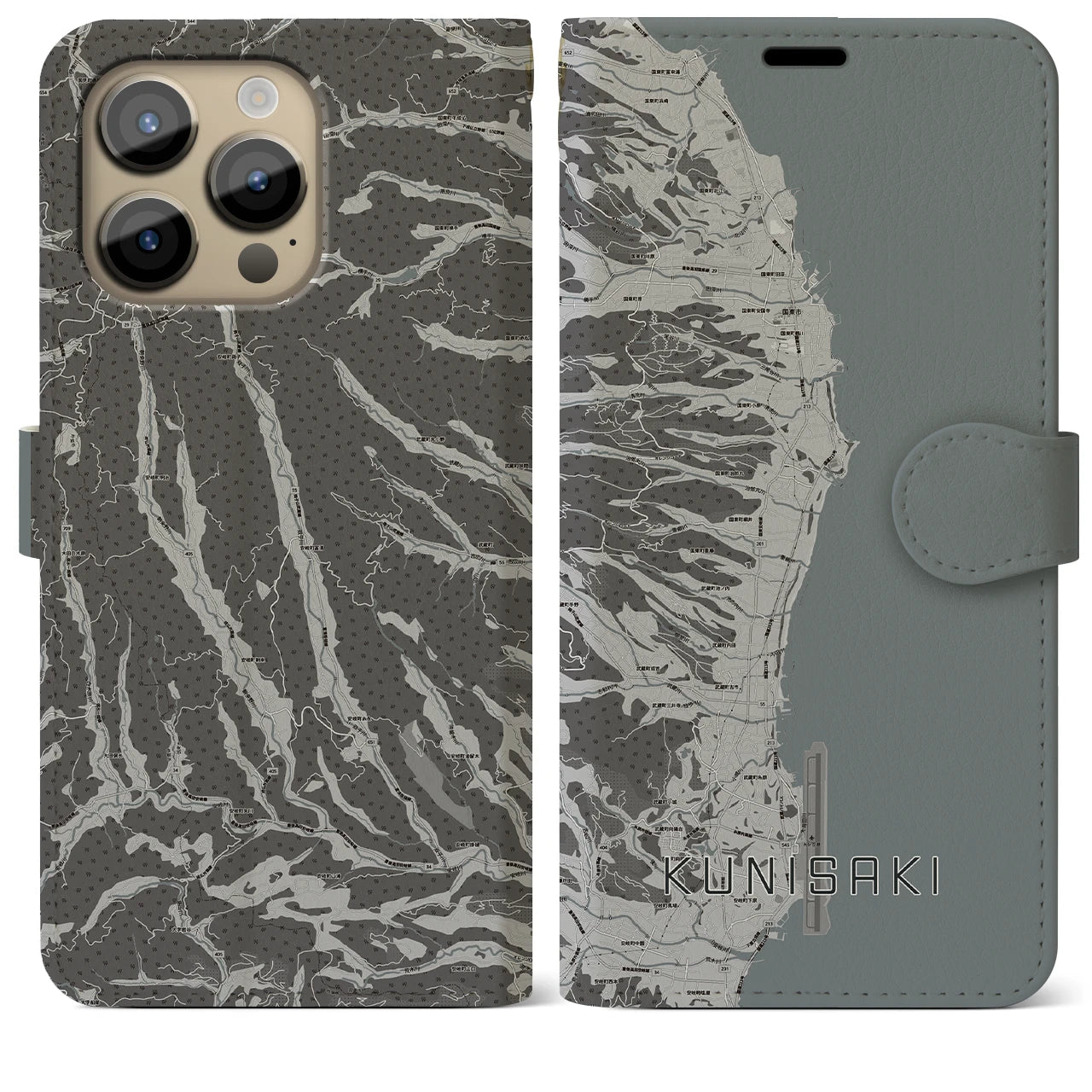 【国東(大分県)】地図柄iPhoneケース(手帳タイプ)モノトーン・iPhone 14 Pro Max 用