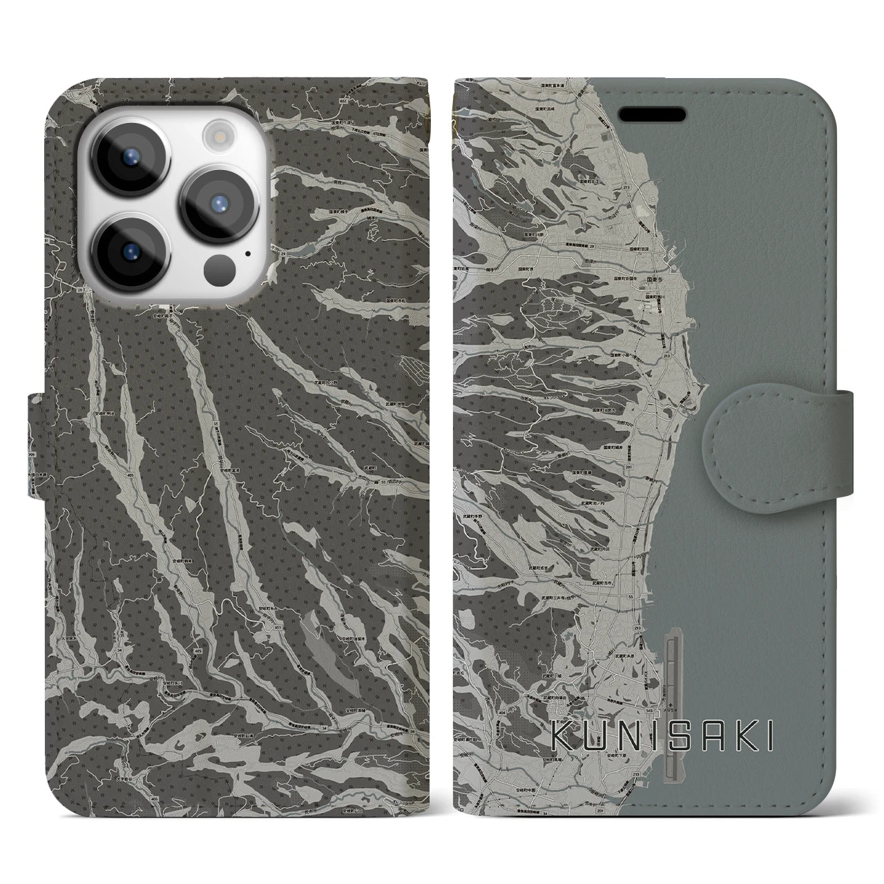 【国東(大分県)】地図柄iPhoneケース(手帳タイプ)モノトーン・iPhone 14 Pro 用