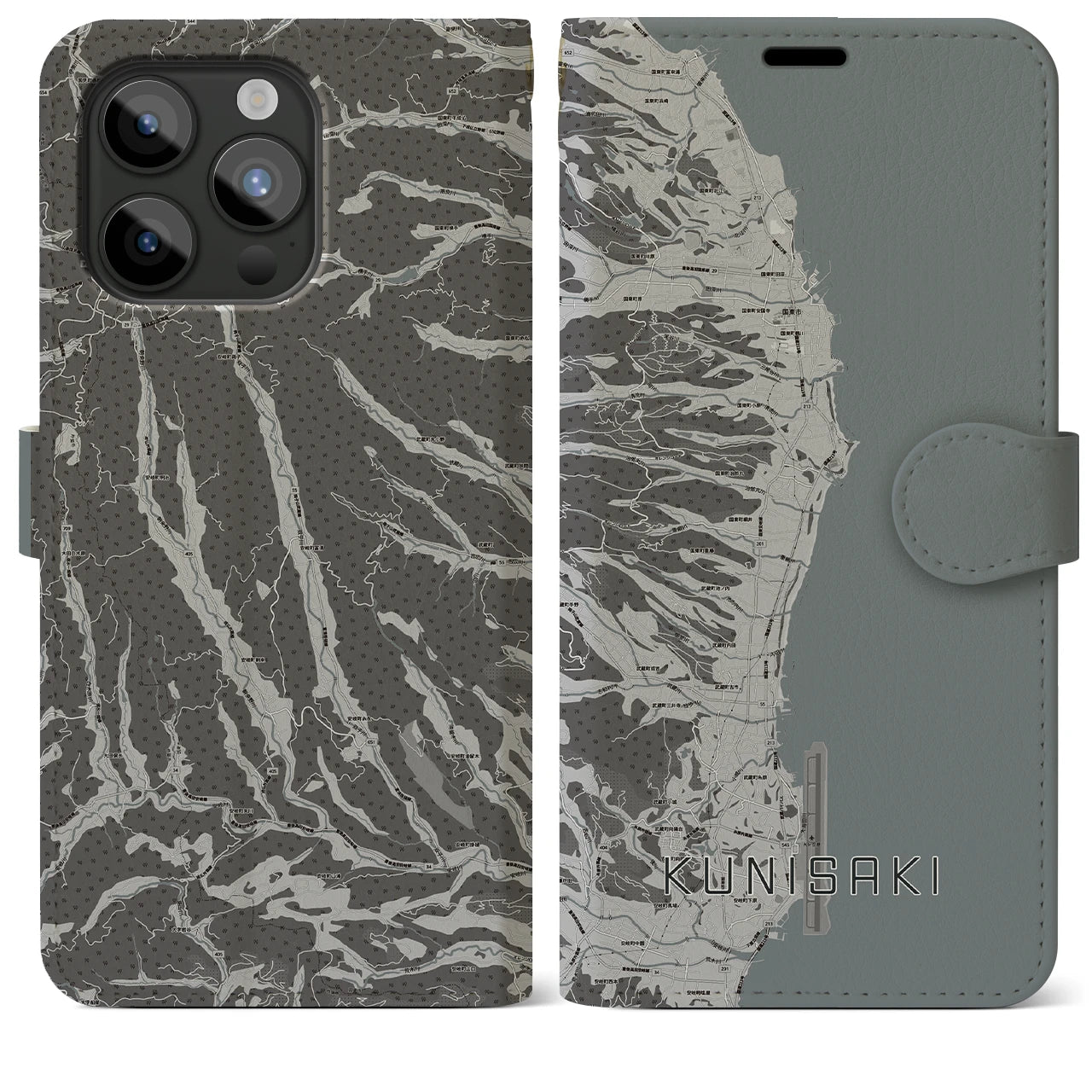 【国東(大分県)】地図柄iPhoneケース(手帳タイプ)モノトーン・iPhone 15 Pro Max 用