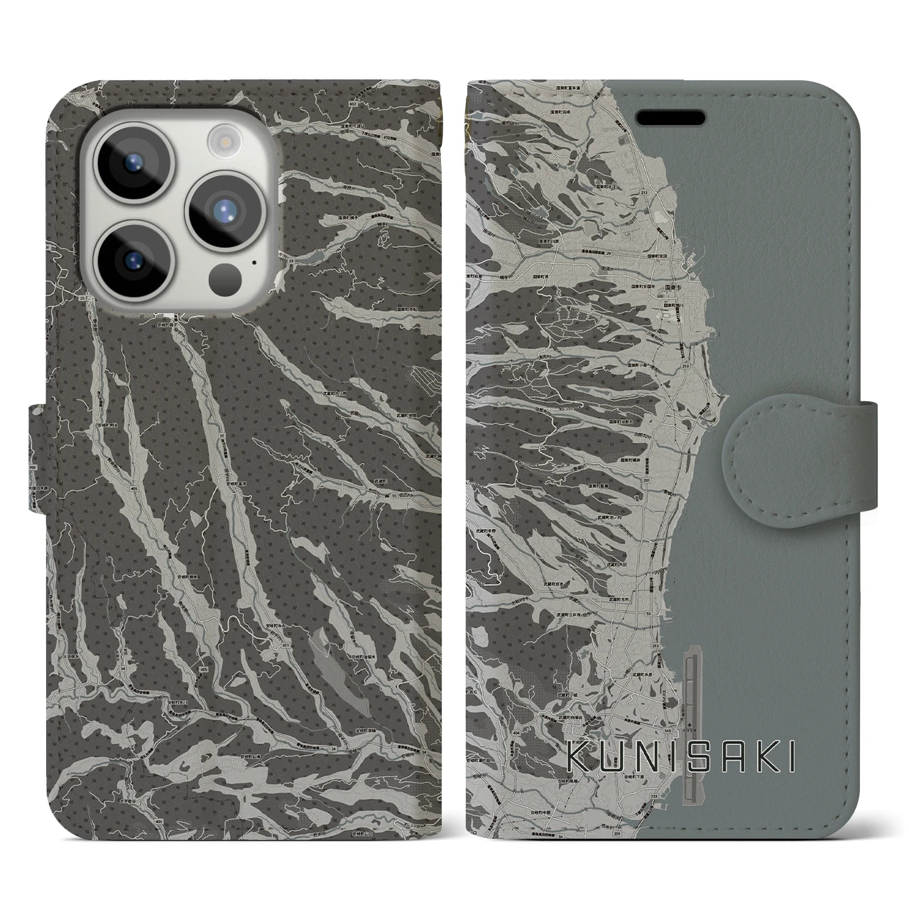 【国東(大分県)】地図柄iPhoneケース(手帳タイプ)モノトーン・iPhone 15 Pro 用