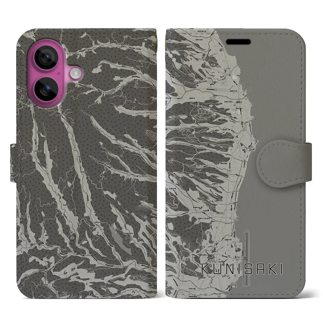【国東(大分県)】地図柄iPhoneケース(手帳タイプ)モノトーン・iPhone 16 Pro 用