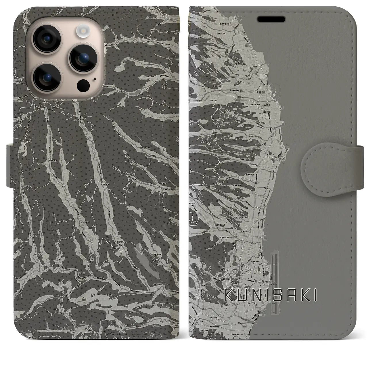 【国東(大分県)】地図柄iPhoneケース(手帳タイプ)モノトーン・iPhone 16 Plus 用