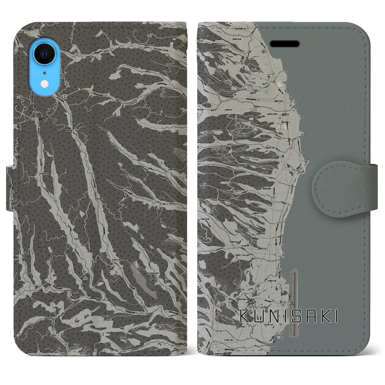 【国東(大分県)】地図柄iPhoneケース(手帳タイプ)モノトーン・iPhone XR 用