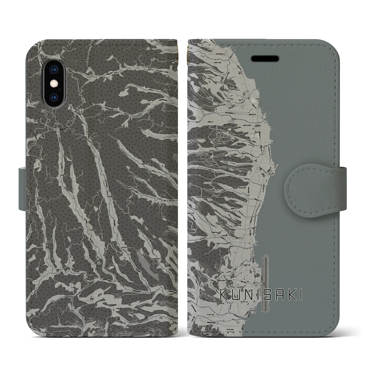 【国東(大分県)】地図柄iPhoneケース(手帳タイプ)モノトーン・iPhone XS / X 用