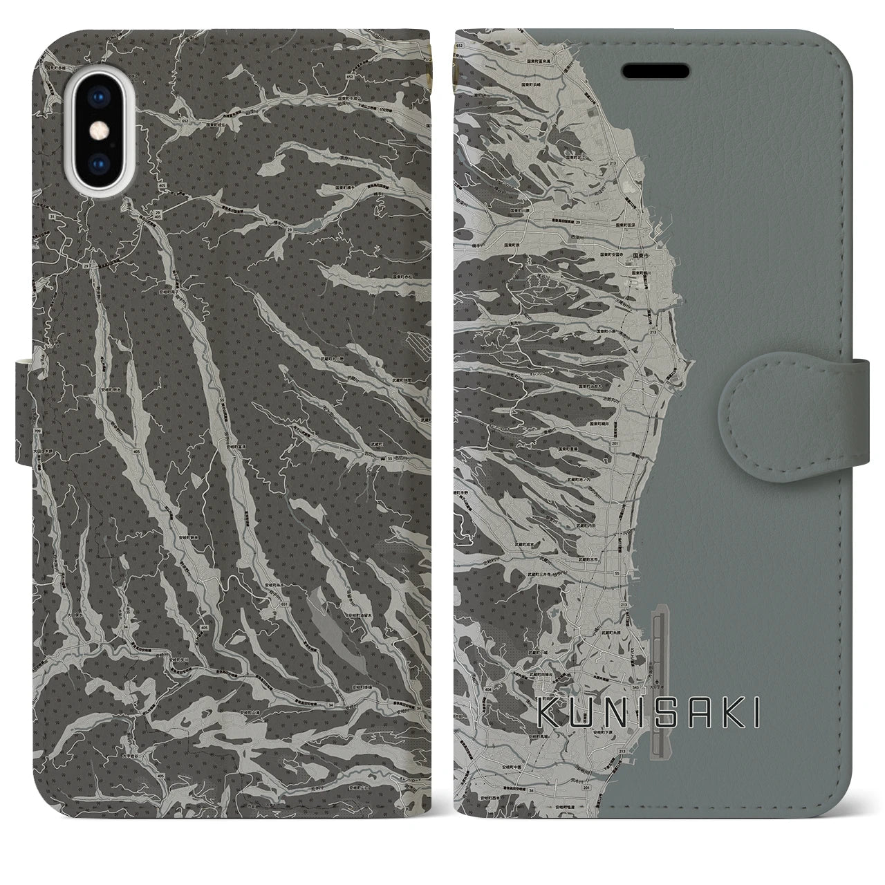 【国東(大分県)】地図柄iPhoneケース(手帳タイプ)モノトーン・iPhone XS Max 用