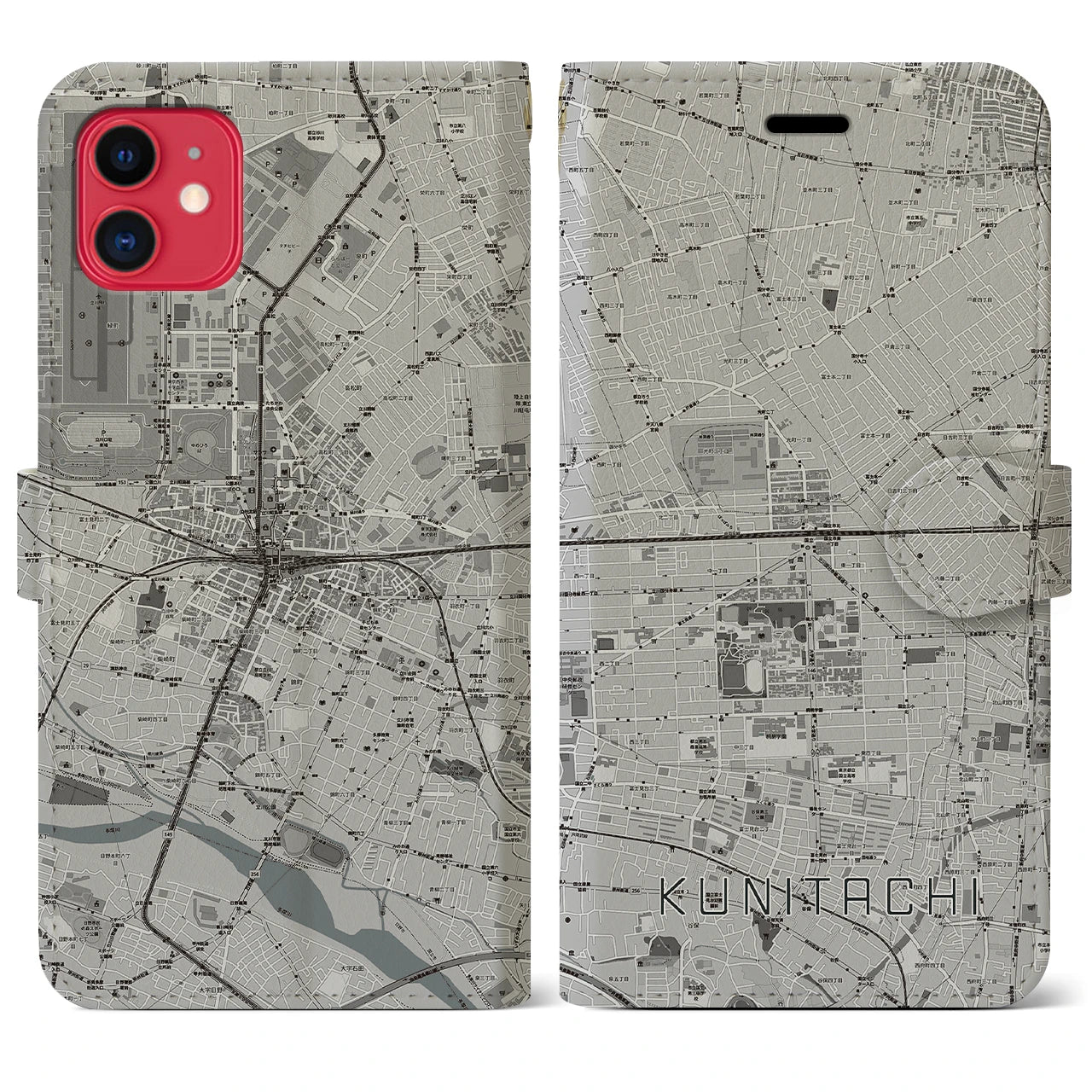 【国立2(東京都)】地図柄iPhoneケース(手帳タイプ)モノトーン・iPhone 11 用