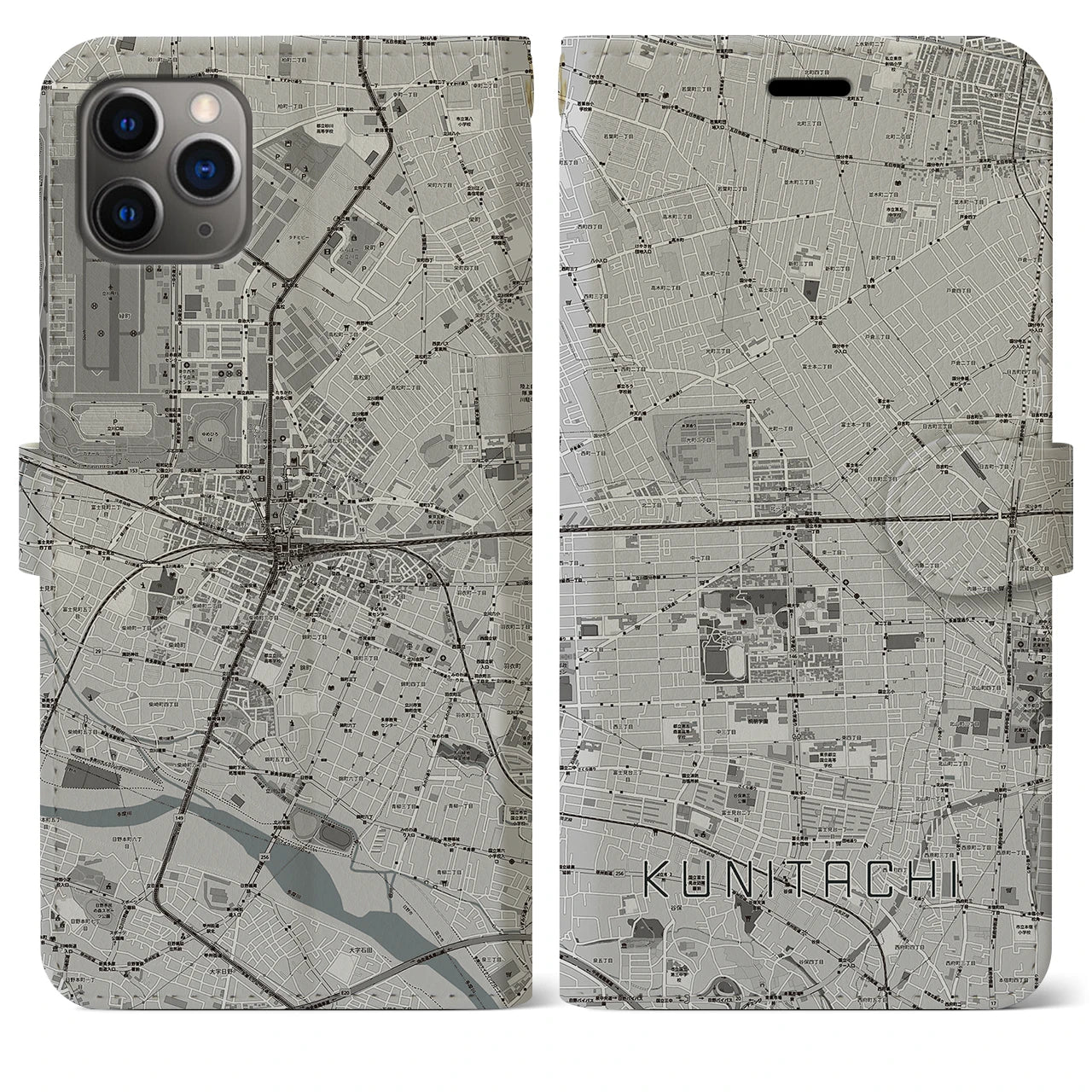 【国立2(東京都)】地図柄iPhoneケース(手帳タイプ)モノトーン・iPhone 11 Pro Max 用