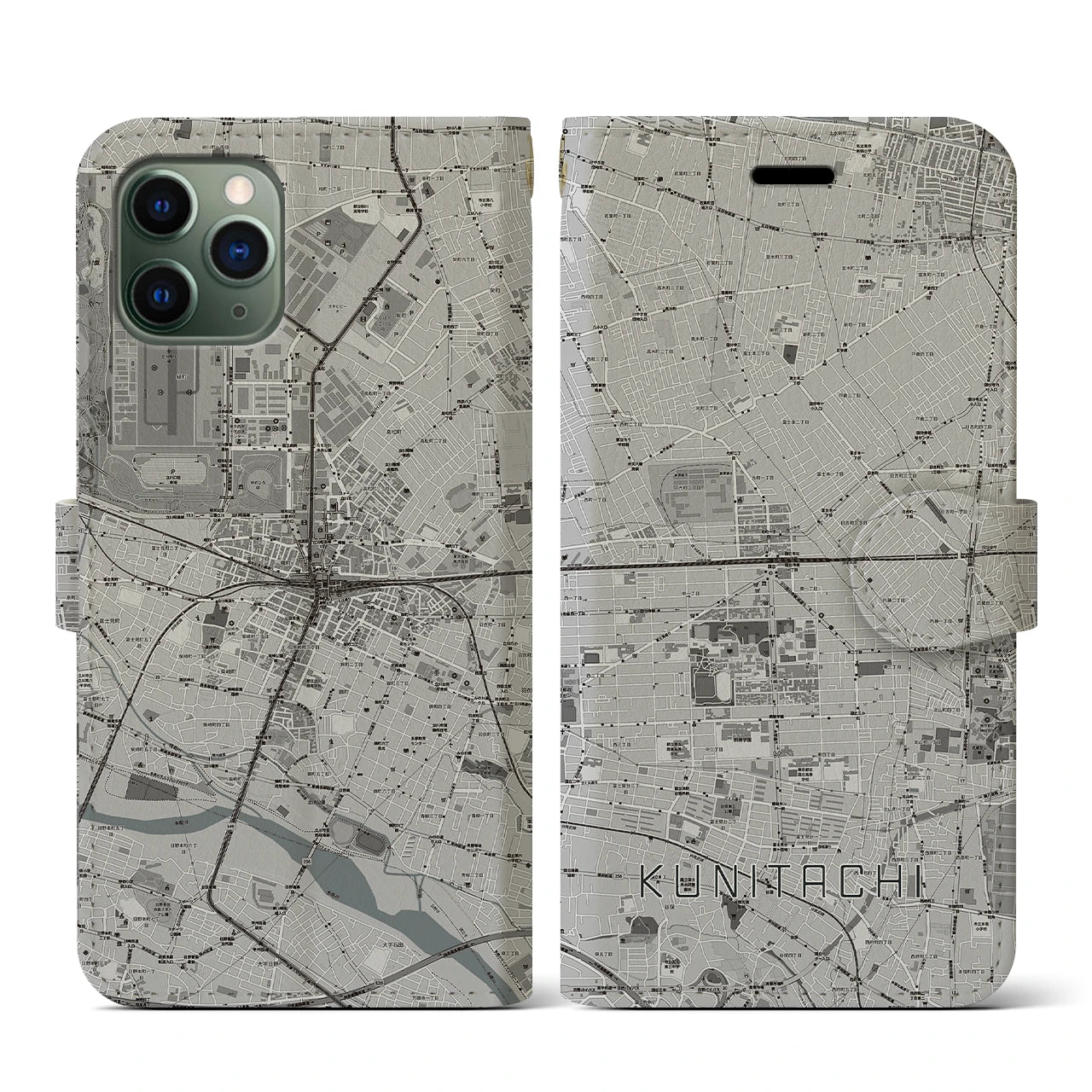 【国立2(東京都)】地図柄iPhoneケース(手帳タイプ)モノトーン・iPhone 11 Pro 用