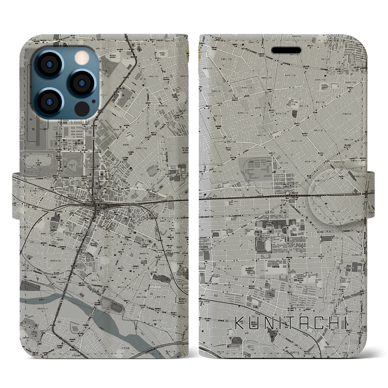 【国立2(東京都)】地図柄iPhoneケース(手帳タイプ)モノトーン・iPhone 12 / 12 Pro 用