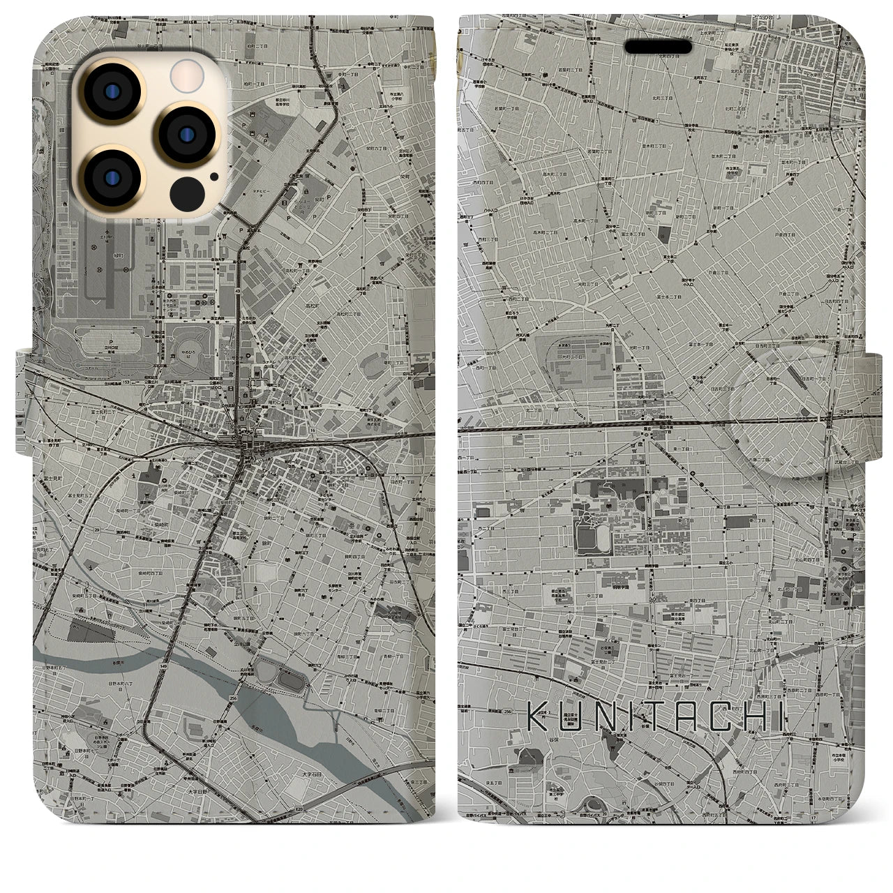 【国立2(東京都)】地図柄iPhoneケース(手帳タイプ)モノトーン・iPhone 12 Pro Max 用