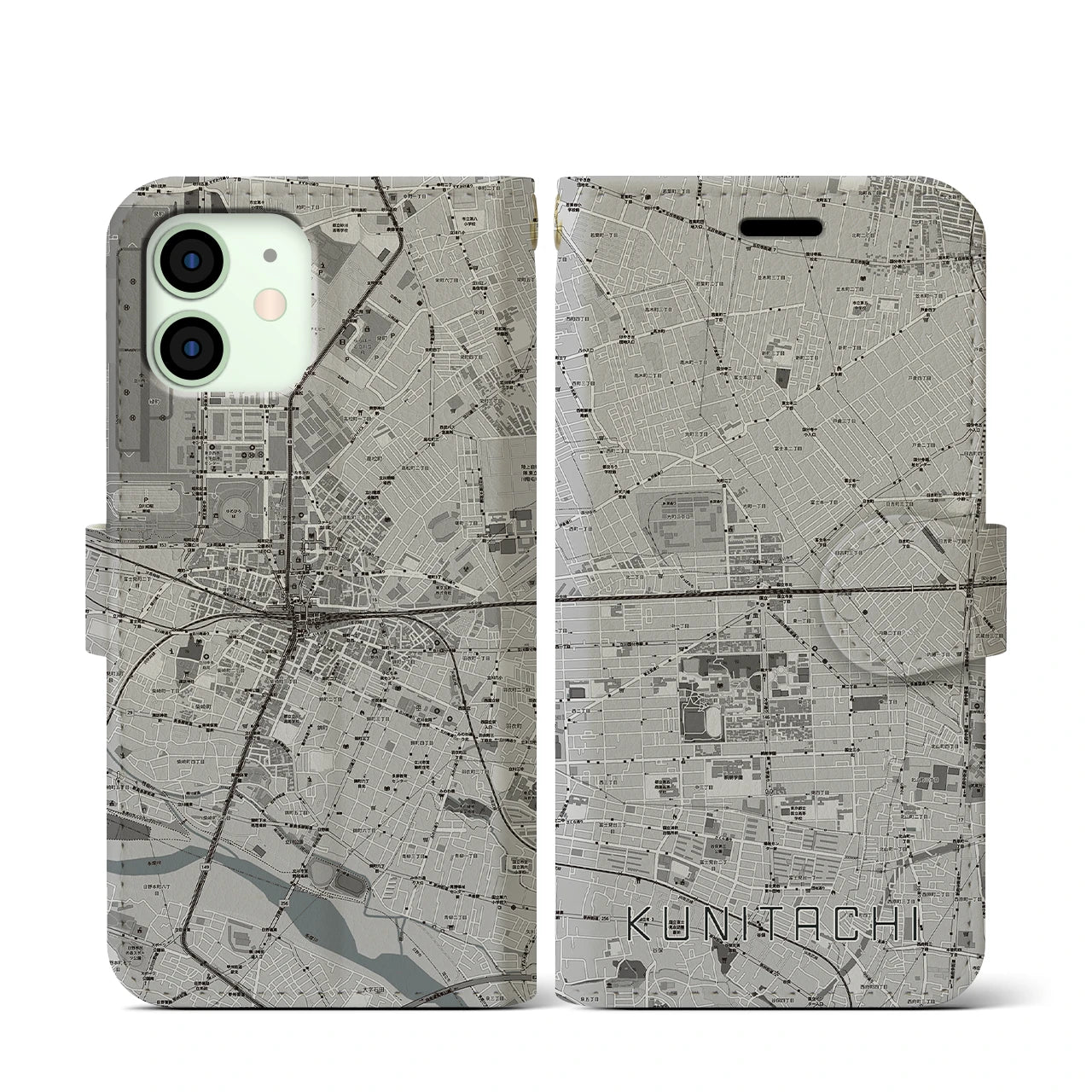 【国立2(東京都)】地図柄iPhoneケース(手帳タイプ)モノトーン・iPhone 12 mini 用