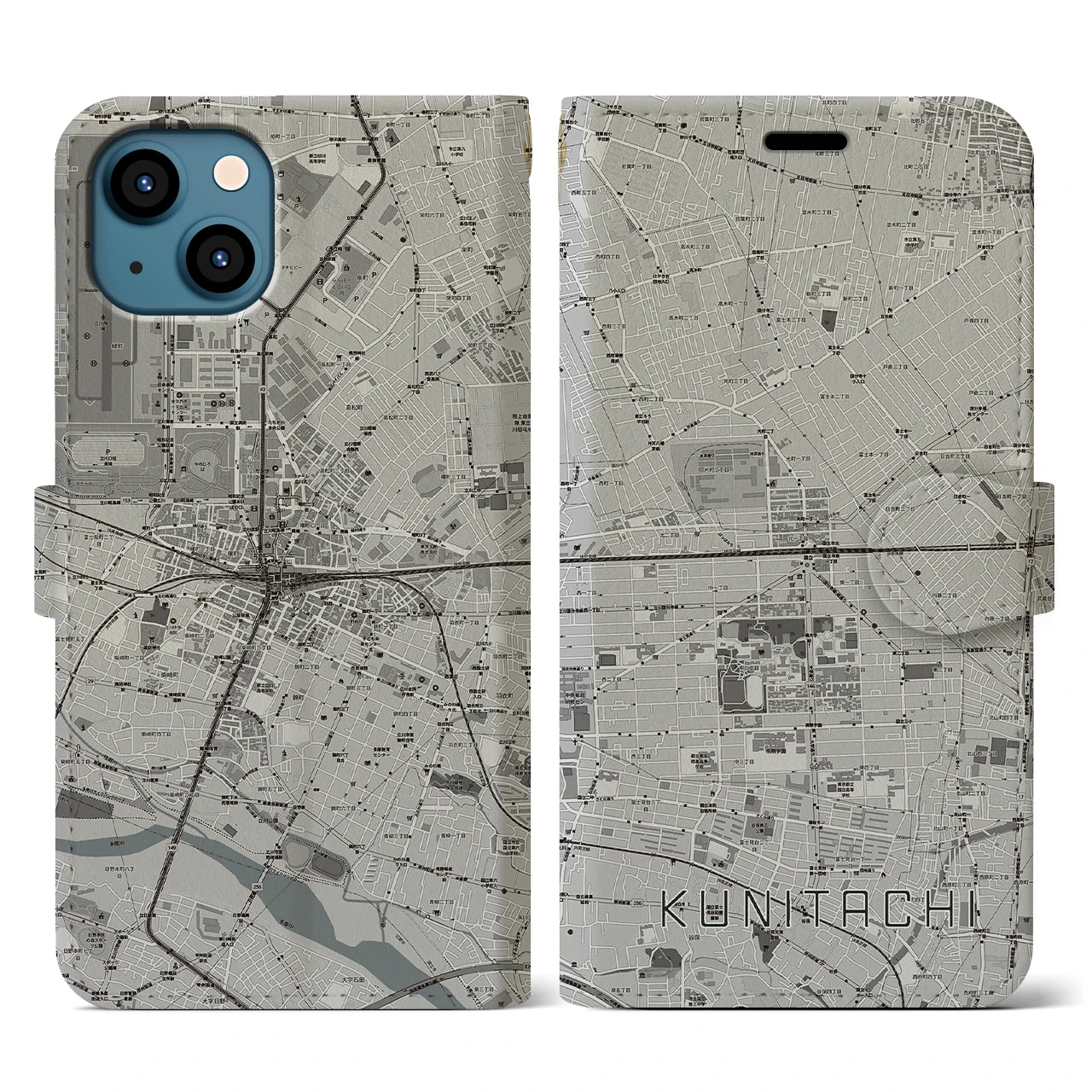 【国立2(東京都)】地図柄iPhoneケース(手帳タイプ)モノトーン・iPhone 13 用