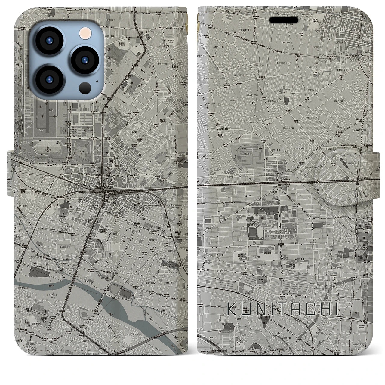 【国立2(東京都)】地図柄iPhoneケース(手帳タイプ)モノトーン・iPhone 13 Pro Max 用