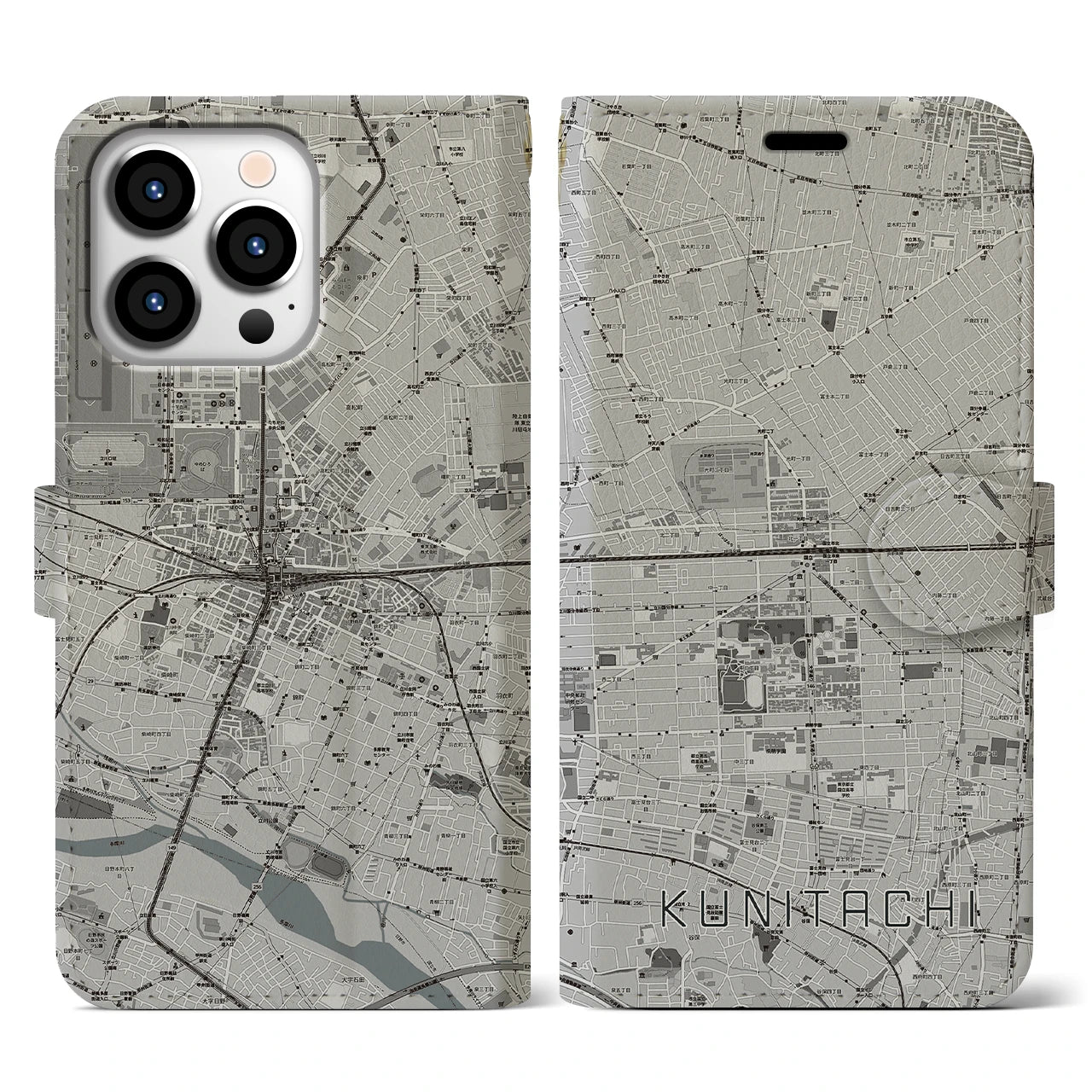 【国立2(東京都)】地図柄iPhoneケース(手帳タイプ)モノトーン・iPhone 13 Pro 用