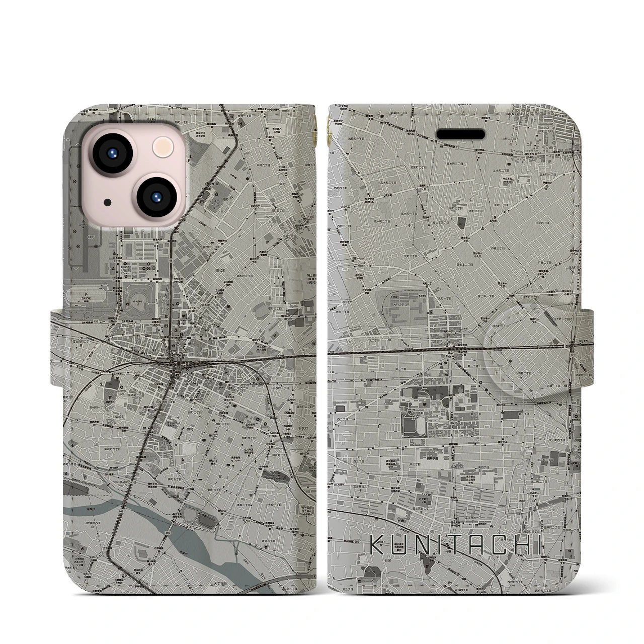 【国立2(東京都)】地図柄iPhoneケース(手帳タイプ)モノトーン・iPhone 13 mini 用