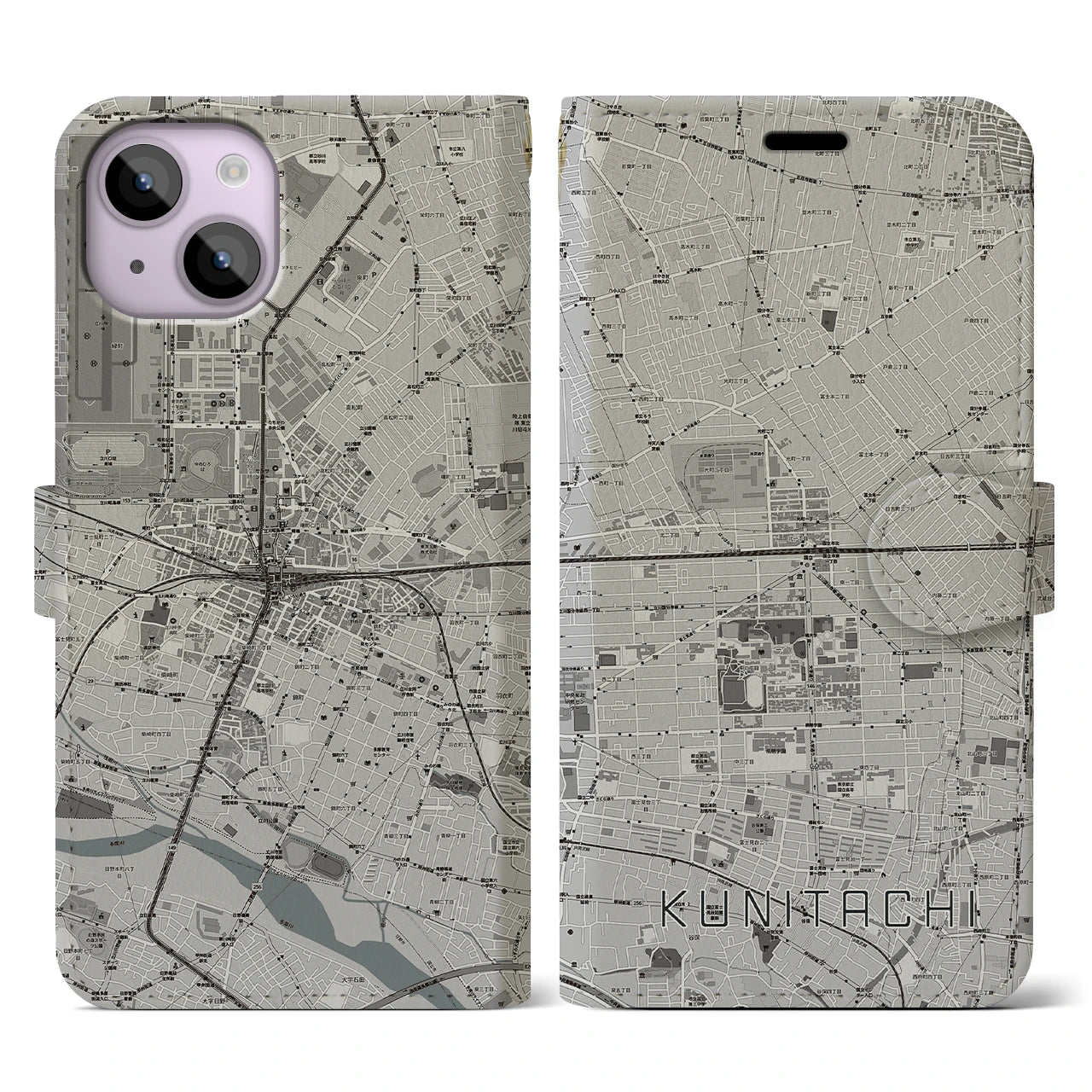 【国立2(東京都)】地図柄iPhoneケース(手帳タイプ)モノトーン・iPhone 14 用
