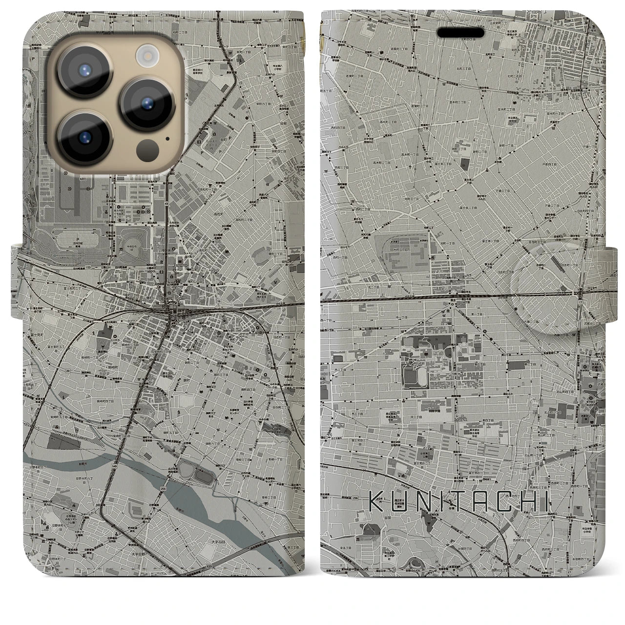 【国立2(東京都)】地図柄iPhoneケース(手帳タイプ)モノトーン・iPhone 14 Pro Max 用