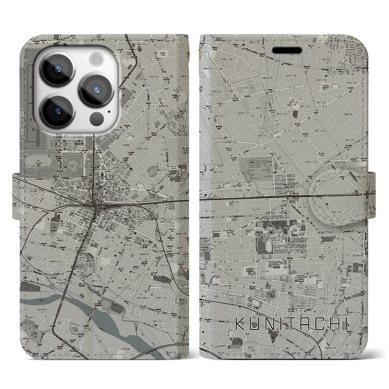 【国立2(東京都)】地図柄iPhoneケース(手帳タイプ)モノトーン・iPhone 14 Pro 用