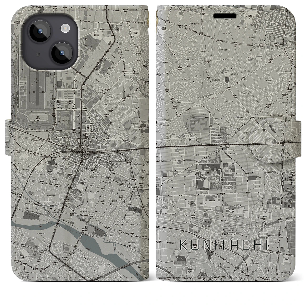 【国立2(東京都)】地図柄iPhoneケース(手帳タイプ)モノトーン・iPhone 14 Plus 用