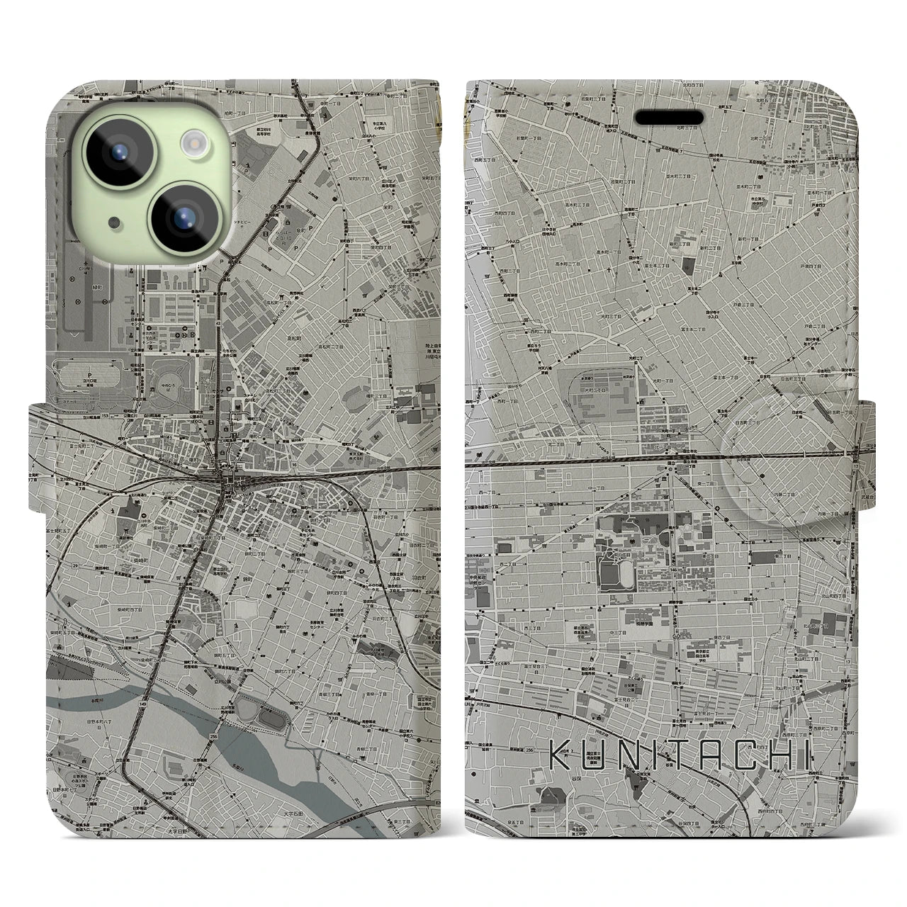 【国立2(東京都)】地図柄iPhoneケース(手帳タイプ)モノトーン・iPhone 15 用