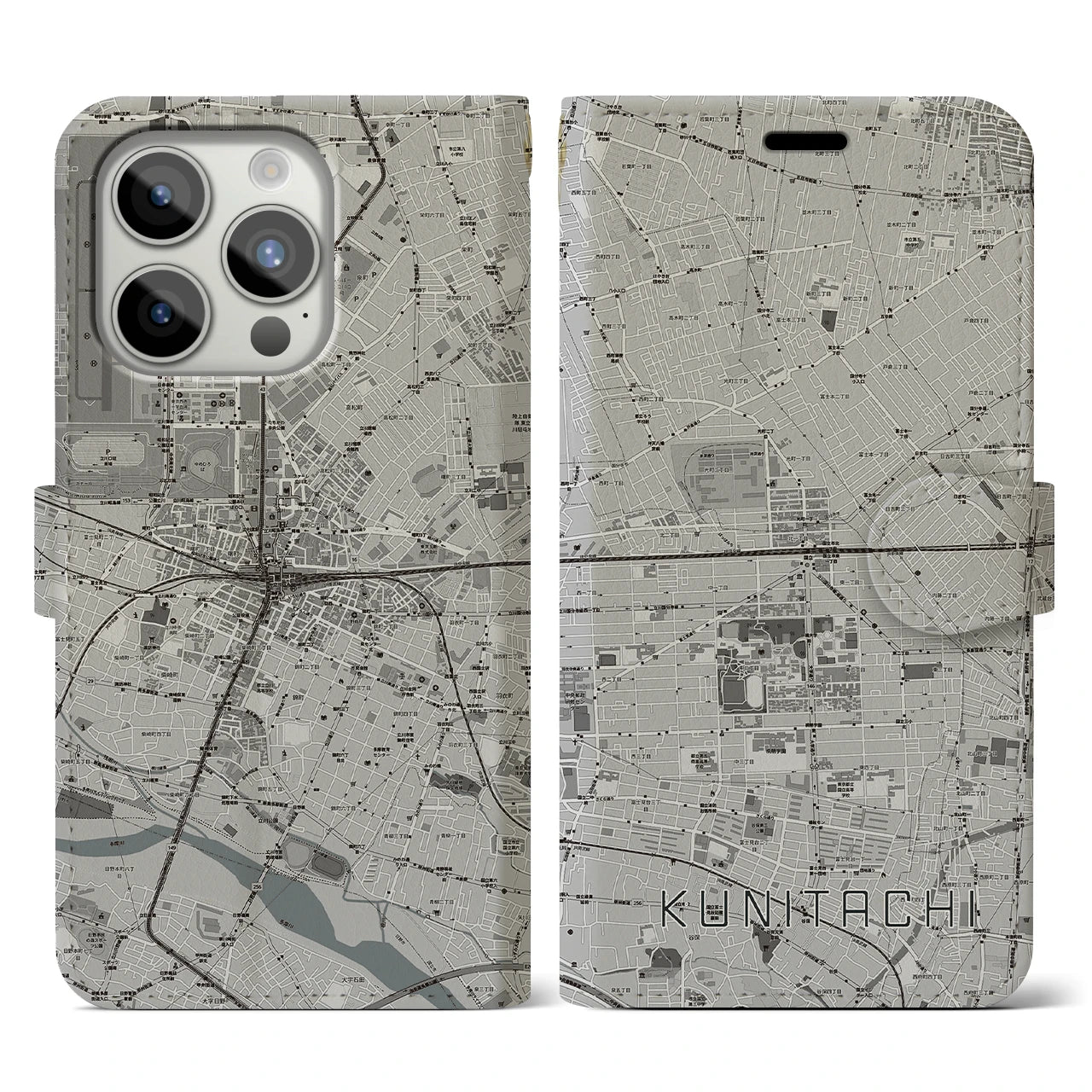 【国立2(東京都)】地図柄iPhoneケース(手帳タイプ)モノトーン・iPhone 15 Pro 用