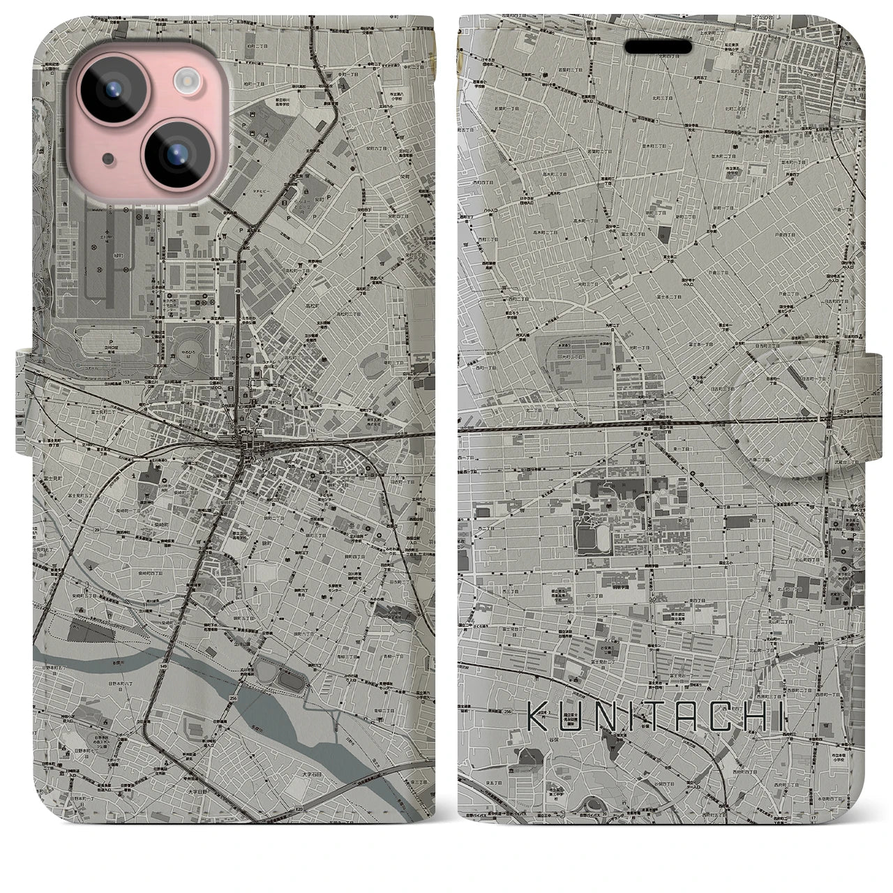 【国立2(東京都)】地図柄iPhoneケース(手帳タイプ)モノトーン・iPhone 15 Plus 用