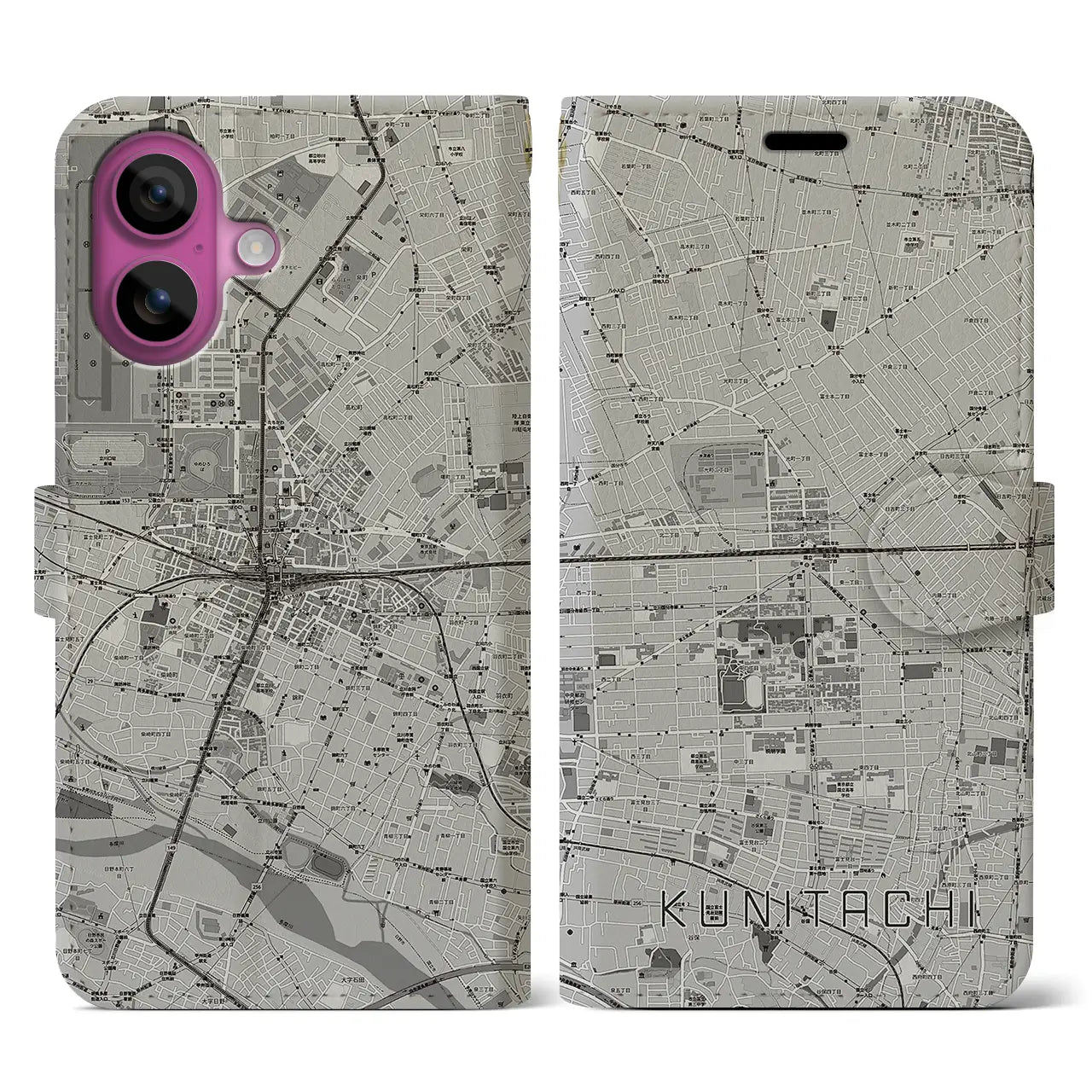 【国立2(東京都)】地図柄iPhoneケース(手帳タイプ)モノトーン・iPhone 16 Pro 用