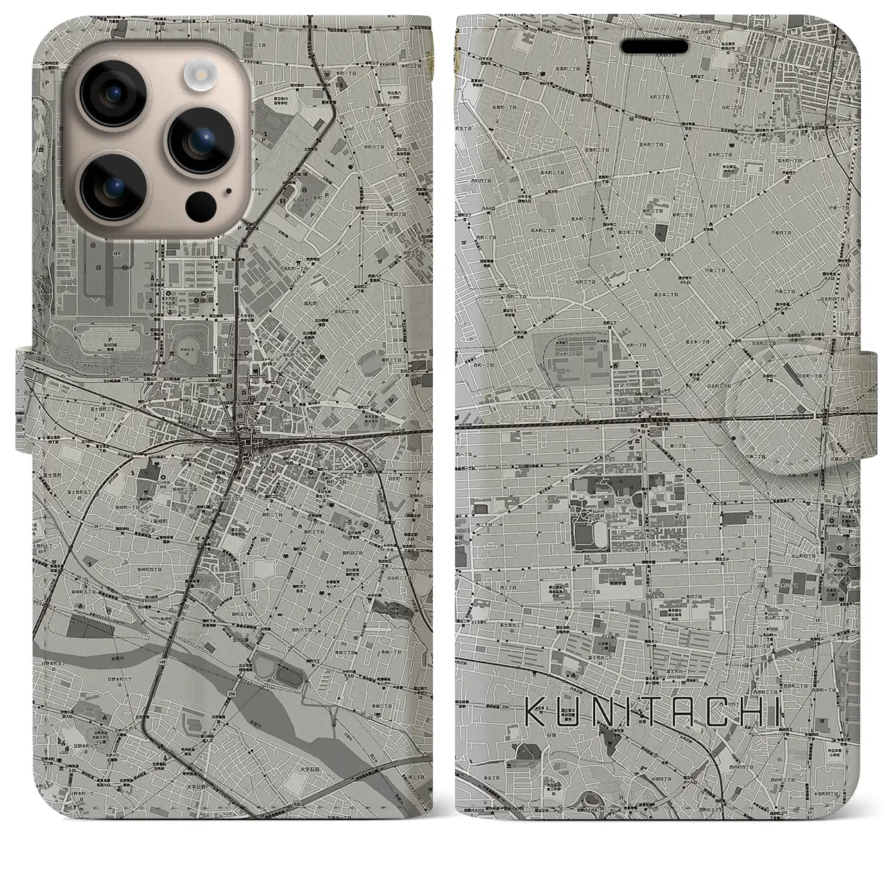 【国立2(東京都)】地図柄iPhoneケース(手帳タイプ)モノトーン・iPhone 16 Plus 用