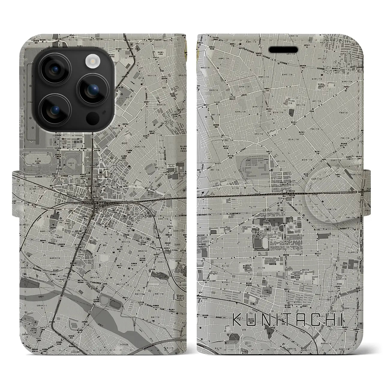 【国立2(東京都)】地図柄iPhoneケース(手帳タイプ)モノトーン・iPhone 16 用
