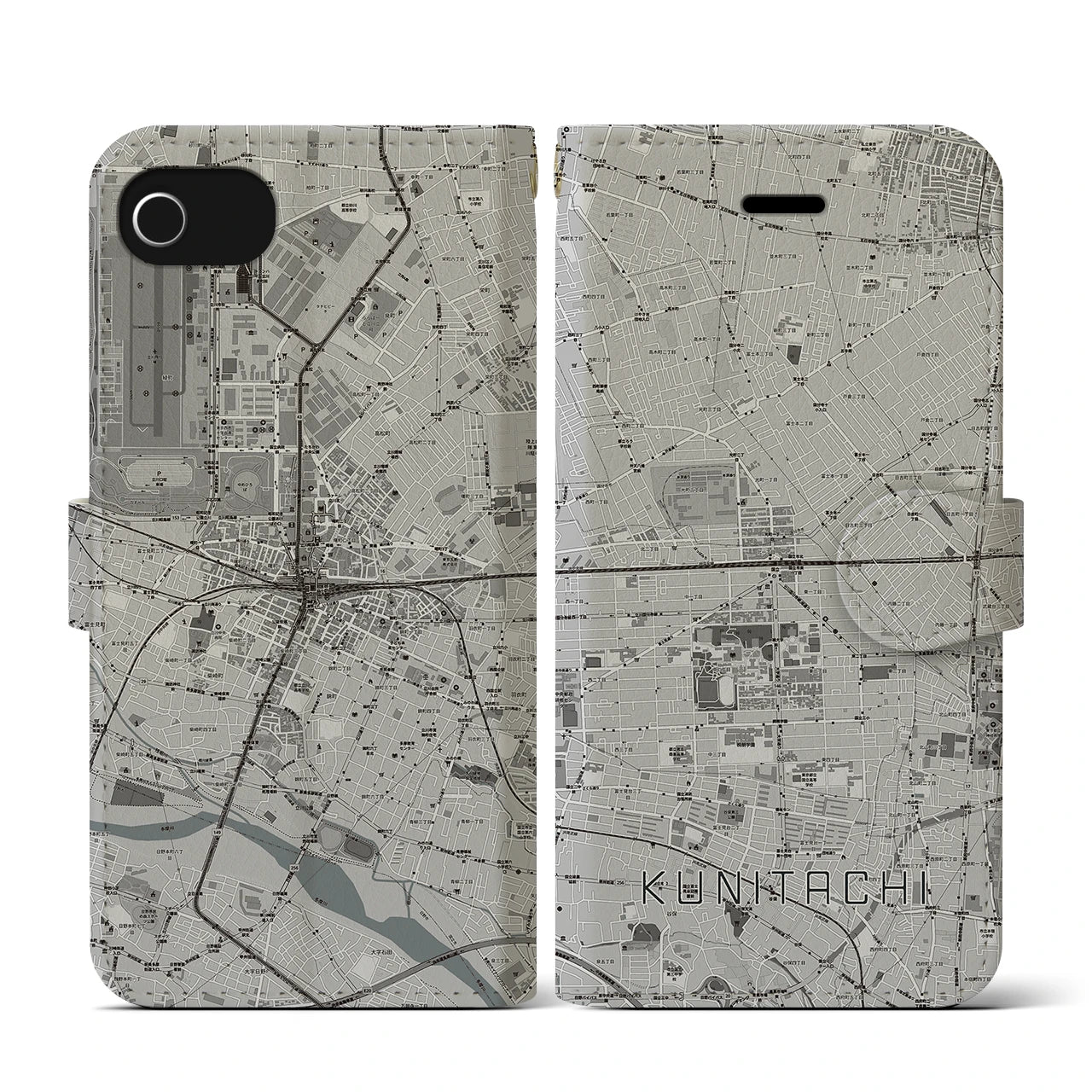 【国立2(東京都)】地図柄iPhoneケース(手帳タイプ)モノトーン・iPhone SE(第3 / 第2世代) / 8 / 7 / 6s / 6 用