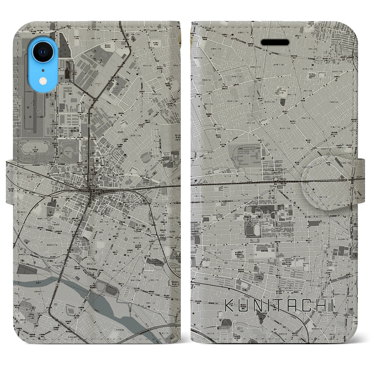 【国立2(東京都)】地図柄iPhoneケース(手帳タイプ)モノトーン・iPhone XR 用