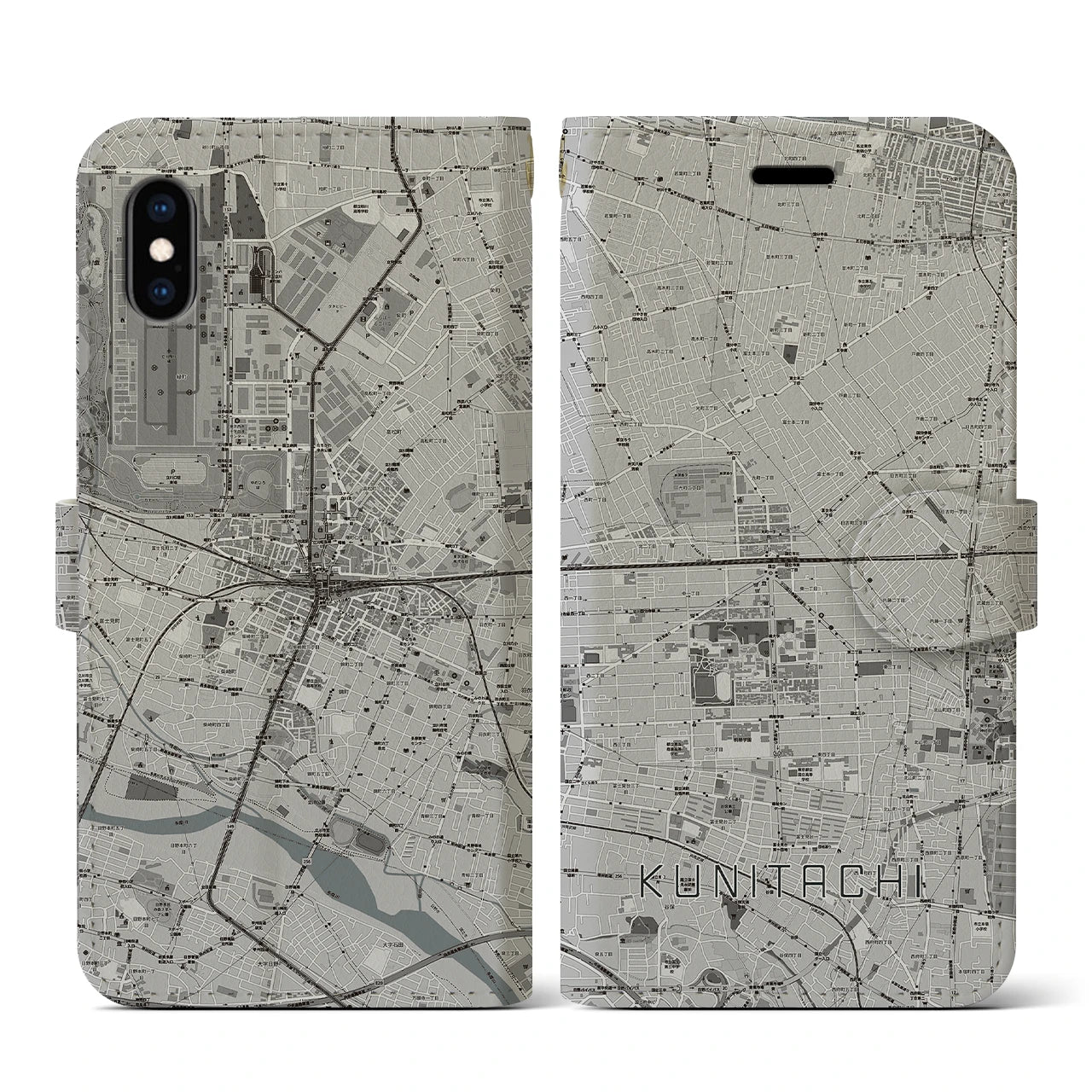 【国立2(東京都)】地図柄iPhoneケース(手帳タイプ)モノトーン・iPhone XS / X 用