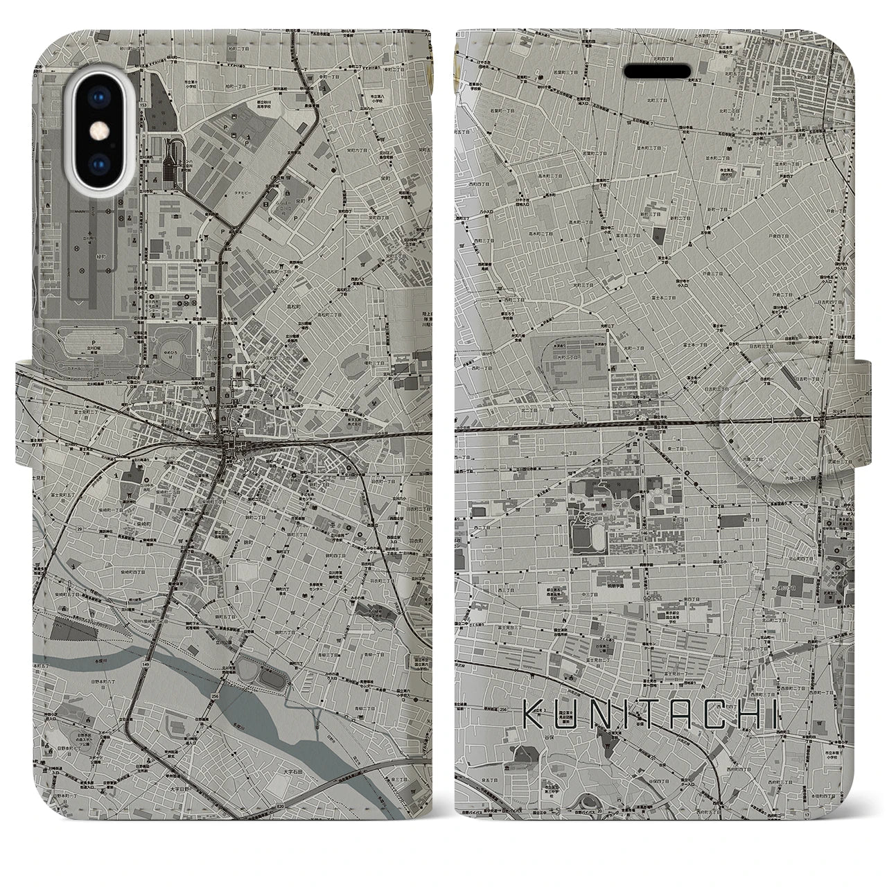 【国立2(東京都)】地図柄iPhoneケース(手帳タイプ)モノトーン・iPhone XS Max 用