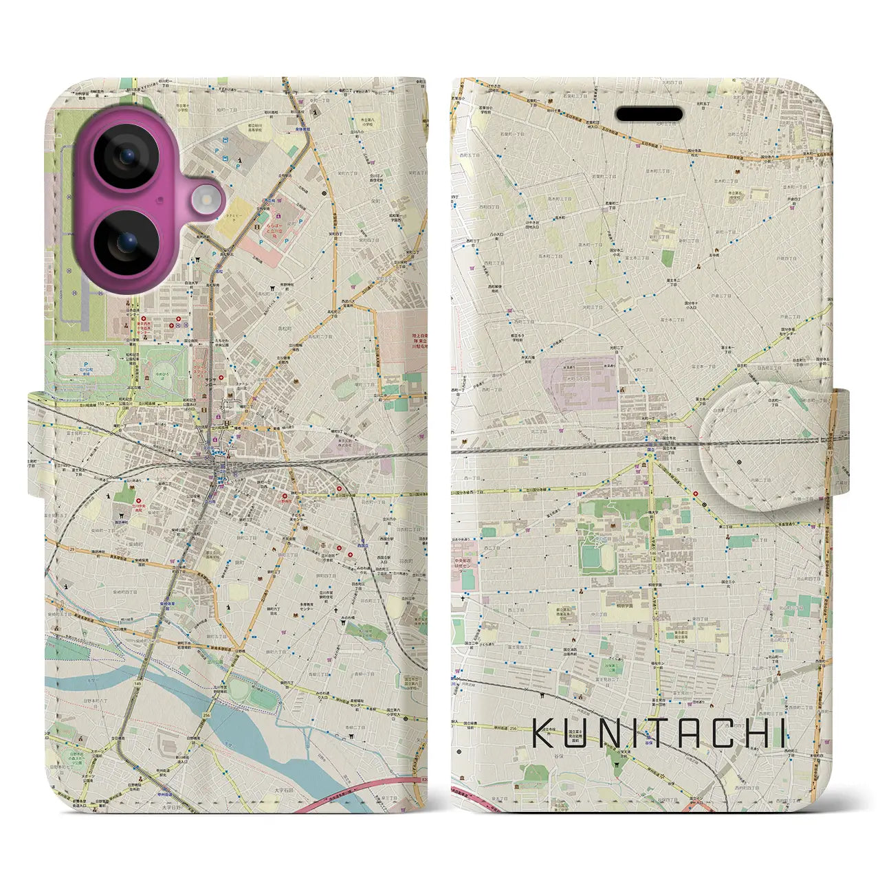 【国立2(東京都)】地図柄iPhoneケース(手帳タイプ)ナチュラル・iPhone 16 Pro 用
