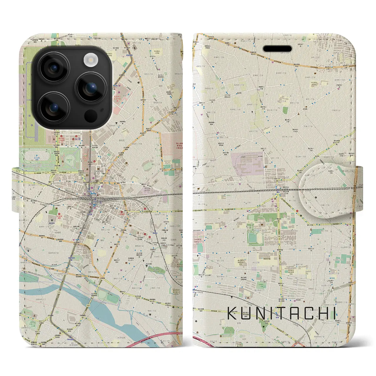 【国立2(東京都)】地図柄iPhoneケース(手帳タイプ)ナチュラル・iPhone 16 用