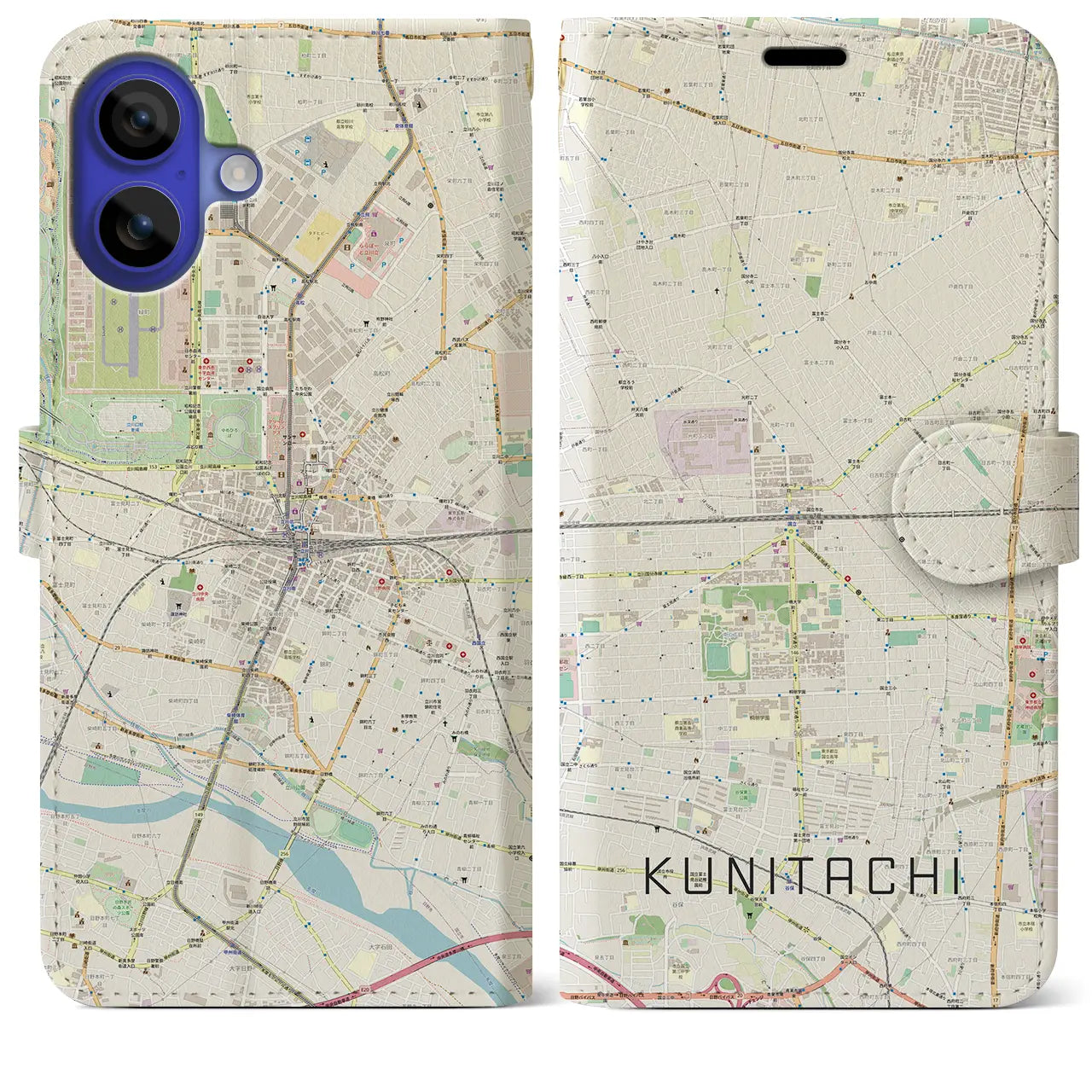 【国立2(東京都)】地図柄iPhoneケース(手帳タイプ)ナチュラル・iPhone 16 Pro Max 用