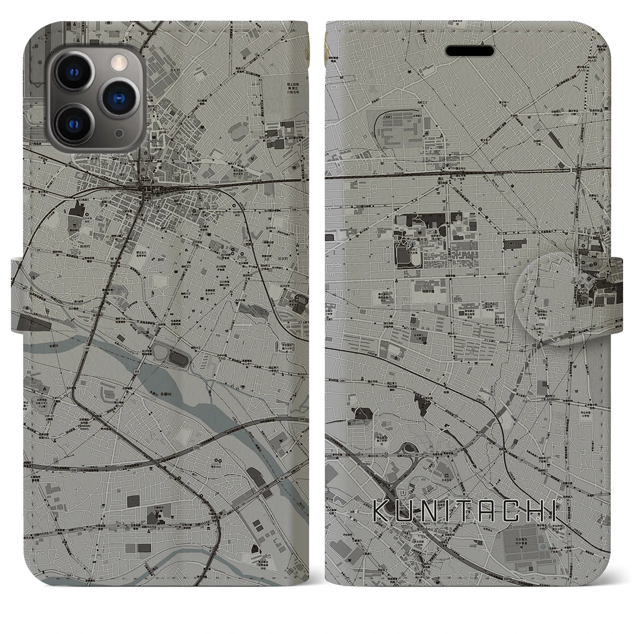【国立(東京都)】地図柄iPhoneケース(手帳タイプ)モノトーン・iPhone 11 Pro Max 用