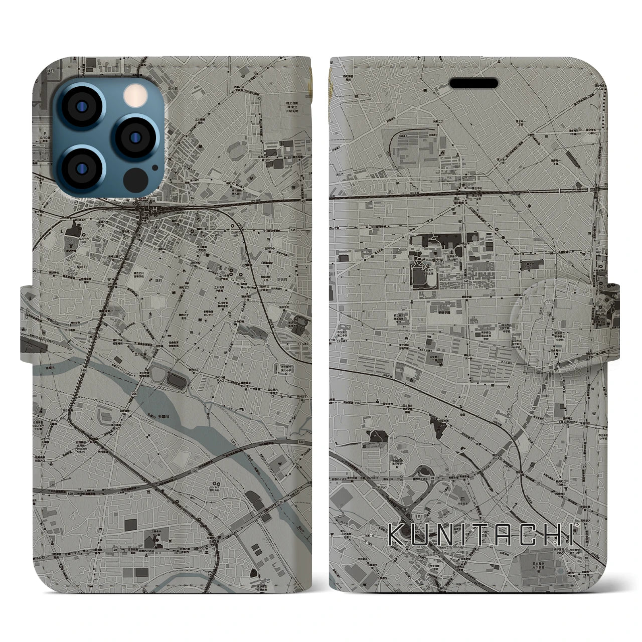 【国立(東京都)】地図柄iPhoneケース(手帳タイプ)モノトーン・iPhone 12 / 12 Pro 用